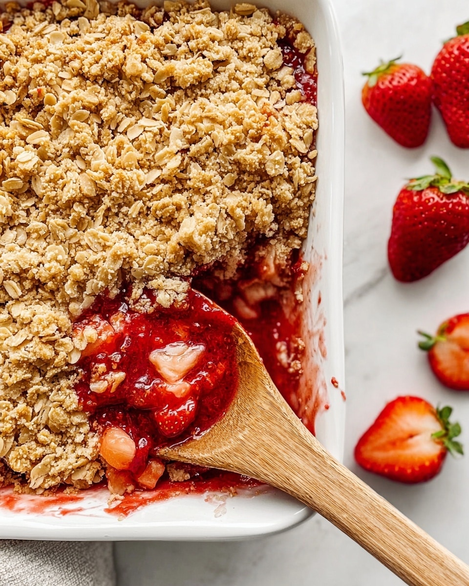 A white rectangular baking dish filled with a baked strawberry crumble is shown on a white marbled surface. The crumble has a rough, golden brown oat topping layer that looks crunchy. Underneath, there is a bright red strawberry filling with some liquid juices bubbling and spilling over at the edges. A wooden spoon is scooping some of the strawberry filling from the bottom right corner, revealing both the thick red fruit layer and the crumbly oat top layer. On the surface nearby, there are fresh whole and sliced strawberries, adding a touch of freshness. Photo taken with an iphone --ar 4:5 --v 7