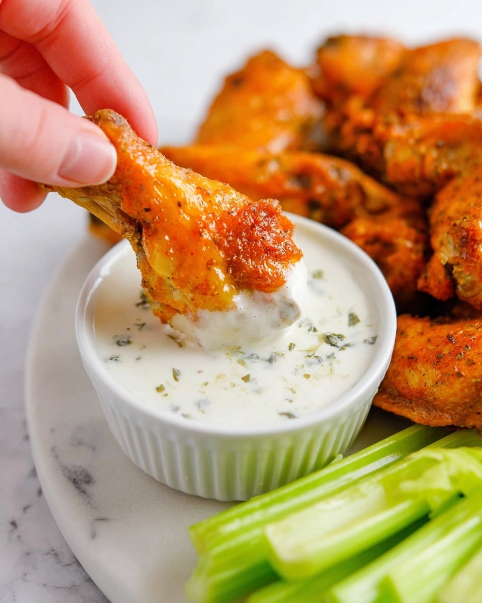 A close-up of a pile of glossy orange buffalo wings with a shiny, slightly textured sauce coating each wing, arranged on a white marbled surface. Behind the wings, there is a small white bowl filled with creamy white ranch dressing speckled with green herbs on the left side. Behind the bowl, there are a few fresh green celery sticks laying flat and parallel. The wings show different parts, including drumettes and wingettes, with a few pieces stacked over each other, showcasing the glossy, sticky sauce and slight charring. photo taken with an iphone --ar 4:5 --v 7
