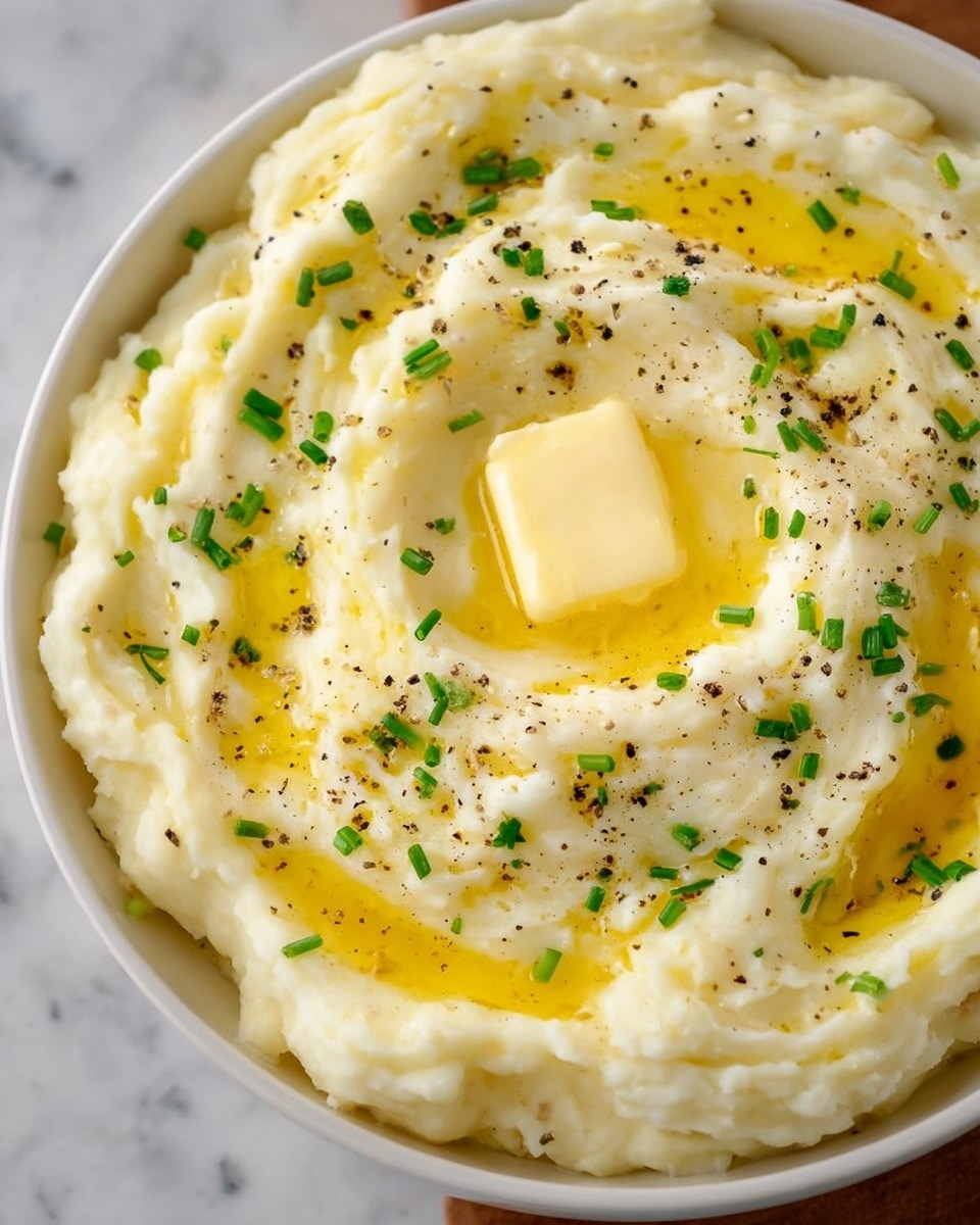 A close-up view of a bowl filled with creamy mashed potatoes showing a soft, smooth texture with small swirls on the surface. On top, there is a square pat of melting butter surrounded by pools of golden melted butter. Chopped green chives are scattered across the mashed potatoes, adding small bright green spots, while cracked black pepper is sprinkled lightly over the dish. The bowl is white, placed on a white marbled surface, emphasizing the warm, rich colors of the mashed potatoes and toppings. photo taken with an iphone --ar 4:5 --v 7