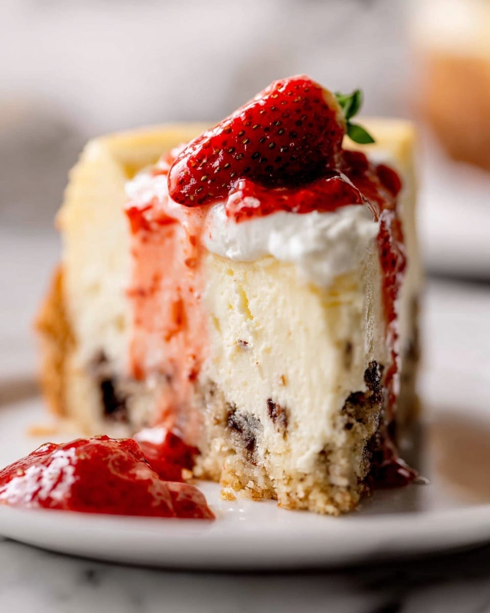 A close-up image of a slice of cheesecake with three layers: the bottom layer is a crumbly, light brown crust with nut pieces, the middle layer is a creamy, dense, off-white cheesecake speckled with dark bits inside, and the top layer is a white creamy topping with a fresh, bright red sliced strawberry and glossy strawberry sauce dripping slightly down the side. The slice is on a white plate on a white marbled surface, and a dollop of strawberry sauce is visible next to the cheesecake. Photo taken with an iphone --ar 4:5 --v 7