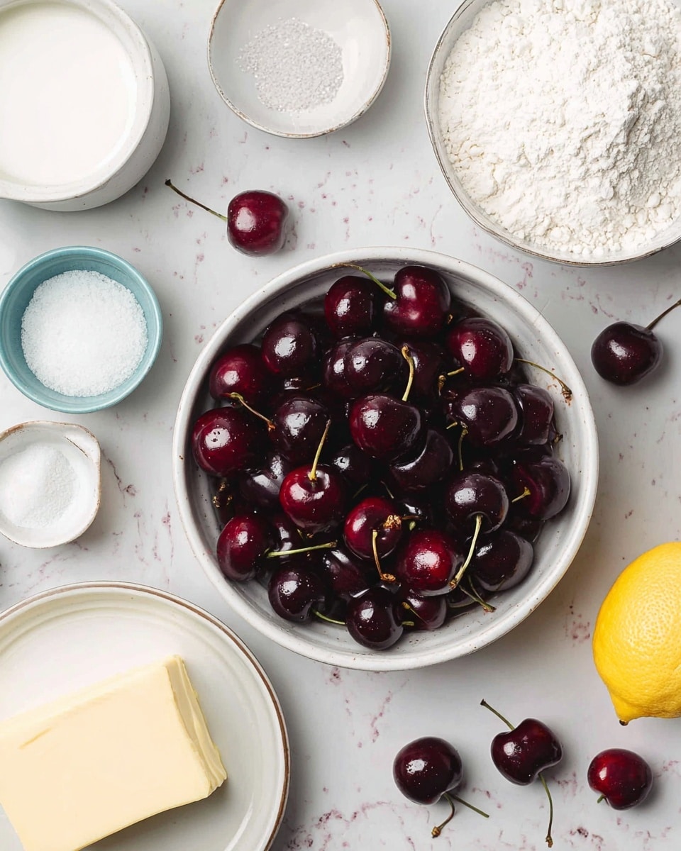 The image shows a white bowl filled with dark red cherries with shiny skins and green stems in the center on a white marbled surface. Around it, there is a white bowl of white flour at the top right and a small white cup with milk nearby. To the top left, a white bowl contains white sugar. A small blue bowl holds some salt, and a small silver dish has baking powder or baking soda. At the bottom, a white plate has a block of pale yellow butter, and a lemon half with a bright yellow color sits nearby. Some cherries are scattered on the surface around the bowls. The photo taken with an iphone --ar 4:5 --v 7
