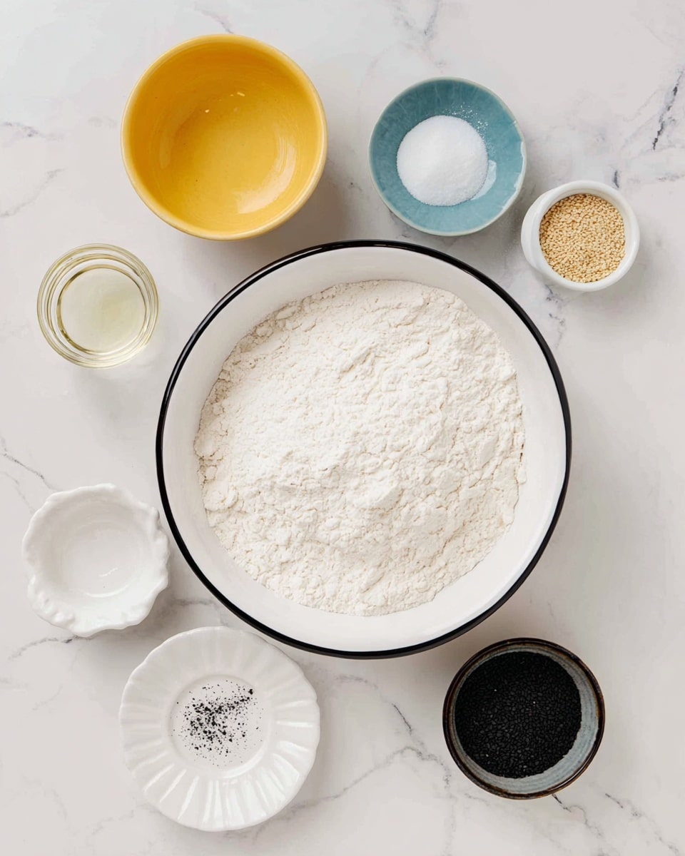 A large white bowl with a black rim is filled with white flour, sitting on a white marbled surface. Around it, smaller white plates and bowls hold ingredients: a yellow bowl with white sugar, a blue bowl with beige yeast grains, a white scalloped bowl with a clear liquid, a small round container with coarse white salt, and a dark round bowl with black seeds, possibly black sesame seeds. The scene shows the ingredients neatly organized and ready for mixing, all on a clean white marbled background. photo taken with an iphone --ar 4:5 --v 7