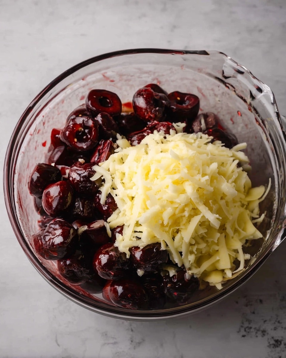 A clear glass bowl sits on a white marbled surface, filled with two layers: the bottom layer is dark red cherry halves with bright, shiny skin and visible pits removed, creating a deep textured base, and the top layer is a heap of pale yellow shredded apple, finely grated with a soft texture, piled in the center of the bowl, rising above the cherries. The bowl has a handle on the right side, and the clear glass shows the contrast between the dark cherries and light apple strands inside. Photo taken with an iphone --ar 4:5 --v 7