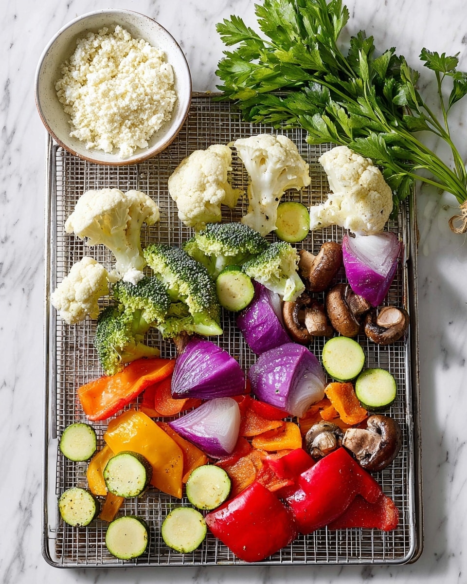 A metal square tray with a grill pattern holds an assortment of colorful vegetables scattered across it. There are white cauliflower florets with a textured surface, green broccoli florets with small clustered buds, thick slices of purple onion with a shiny skin, orange carrot pieces showing a smooth exterior, red bell pepper chunks with a glossy surface, brown mushrooms cut in halves with their gills visible, and pale yellow zucchini slices with soft edges. To the top left corner, a small white bowl filled with crumbly white cheese sits on the white marbled surface, next to a bunch of fresh green parsley with long leaves. The overall look is fresh and vibrant. Photo taken with an iphone --ar 4:5 --v 7