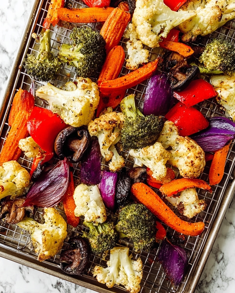 The image shows a tray filled with roasted vegetables on a wire rack. There are about five visible types of vegetables spread across the tray. Bright orange carrot slices with a slightly charred texture sit next to white cauliflower pieces with browned edges. Green broccoli florets appear roasted with dark spots, while slices of red bell pepper add vibrant red blocks. Purple wedges of red onion and mushrooms with dark brown caps are scattered around, all cooked with a slightly crispy look. The tray is set against a white marbled surface. photo taken with an iphone --ar 4:5 --v 7