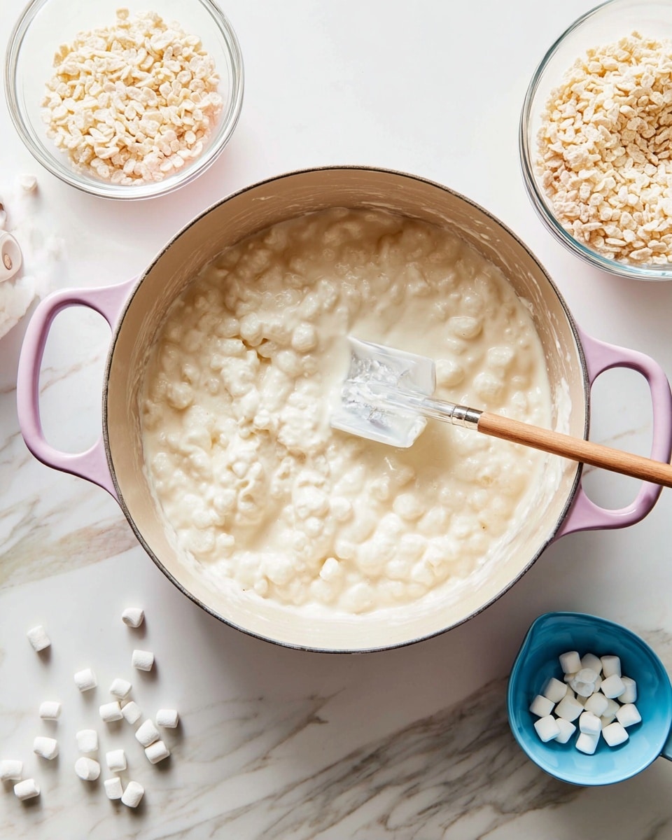 A large round pot with pink handles sits on a white marbled surface, filled with a thick, creamy mixture that has white, soft marshmallow lumps throughout; a wooden spatula with a clear silicone tip is resting inside the pot, coated with the same creamy mixture. On each side of the pot, there are glass bowls filled with off-white crispy rice cereal, and in the lower right corner, a light blue measuring cup holds a small amount of white mini marshmallows. A few mini marshmallows are scattered on the marbled surface near the pot. Photo taken with an iphone --ar 4:5 --v 7