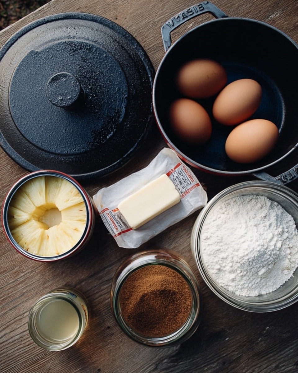 The image shows a top view of various baking ingredients arranged on a wooden surface. There is a large black cast iron pot lid on the left, three brown eggs placed near the top right, and a stick of butter wrapped in paper next to them. A can of pineapple slices with the top removed is at the bottom left, with a small jar of light liquid beside it. Ground brown sugar is held in a small glass container in the middle, and a larger glass jar filled with white flour is to the right. The overall look is neat, with natural lighting highlighting the textures of the ingredients. Photo taken with an iphone --ar 4:5 --v 7