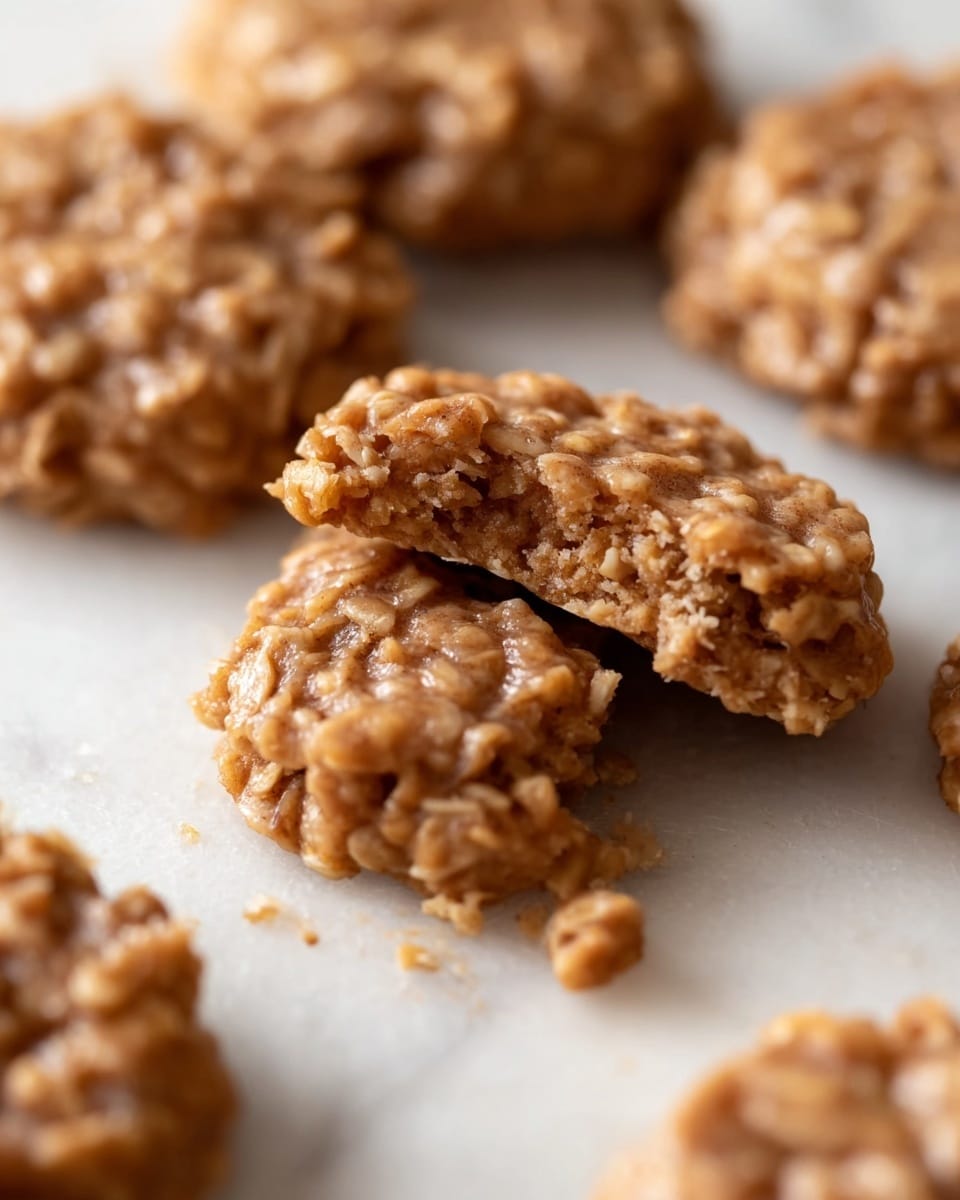 The image shows several rough-textured, round no-bake cookies that are light brown in color. One cookie in the center is broken in half, revealing a dense, chewy inside with small visible bits, likely oats, giving a grainy look. The cookies are placed on a white marbled surface, with crumbs scattered around. The focus is on the broken cookie, while others are blurred in the background. photo taken with an iphone --ar 4:5 --v 7