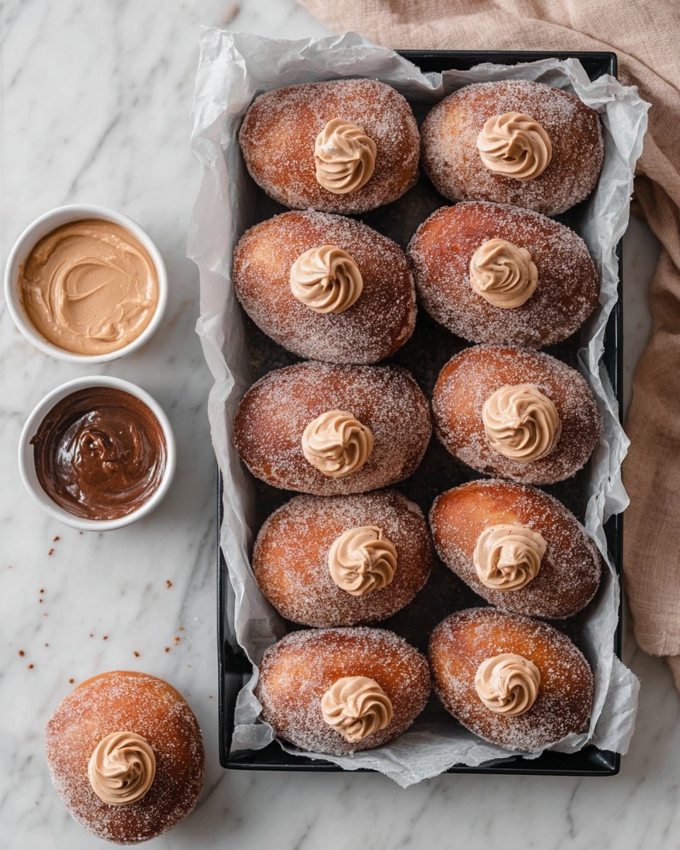 The image shows many round doughnuts covered in a layer of white sugar crystals, giving them a sparkling look. Each doughnut is topped with a swirl of light brown cream placed neatly in the center on top. The doughnuts have a golden brown color beneath the sugar, showing a soft and fluffy texture. They are placed close together on crumpled white parchment paper, which rests inside a container. The overall background is a white marbled texture. photo taken with an iphone --ar 4:5 --v 7