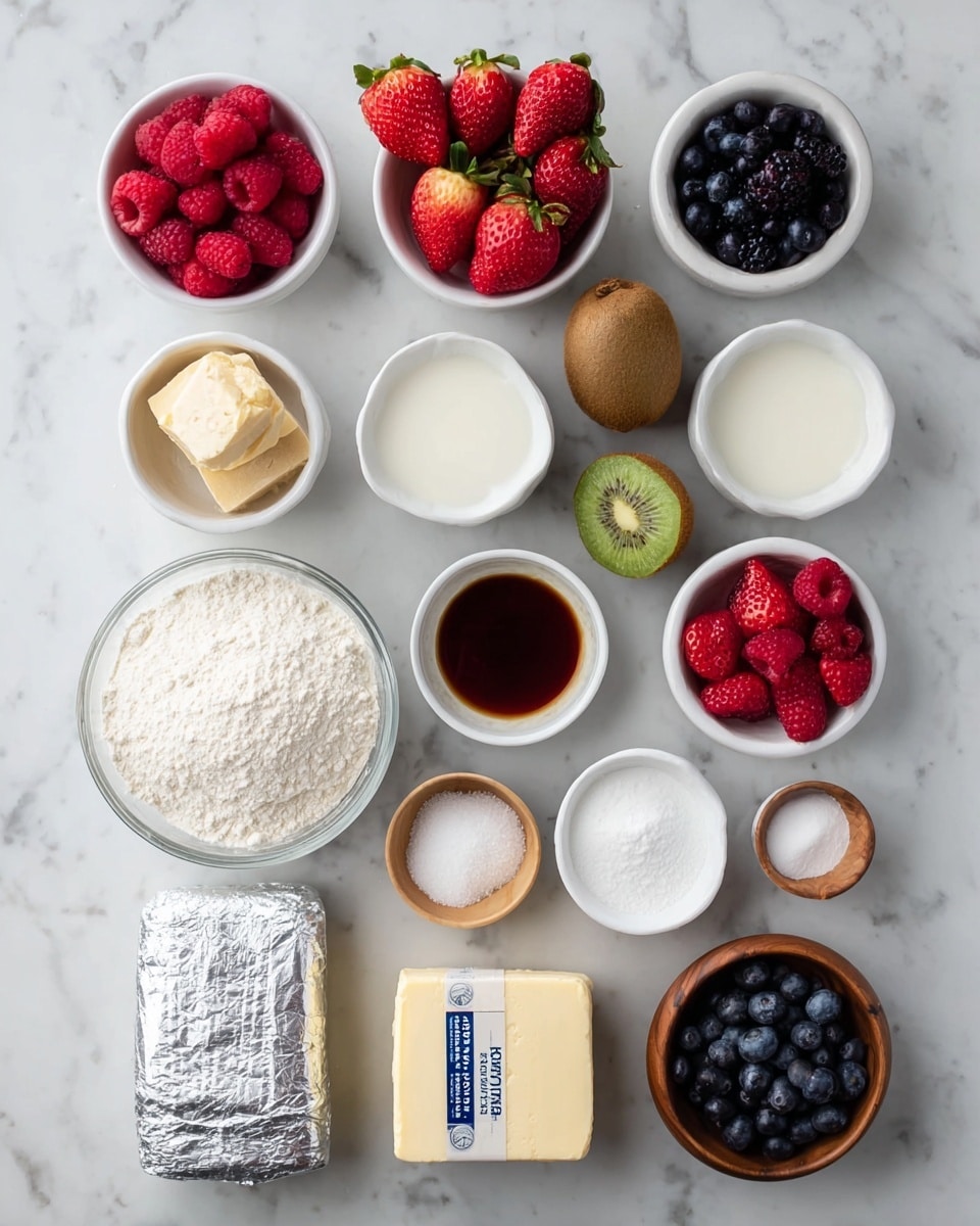 The image shows a neat arrangement of various baking ingredients placed on a white marbled surface. There are small white bowls filled with bright red raspberries at the top left, red strawberries in the center, and dark blueberries at the bottom right. A larger clear bowl with white flour is placed at the bottom left, next to a silver-wrapped block of cream cheese. Near the top center is a small white bowl with dark brown vanilla extract, surrounded by white bowls and small wooden bowls containing white sugar, powdered sugar, salt, baking soda, and baking powder. A stick of butter with blue lettering lies horizontally near the flour. A whole brown kiwi fruit is visible near the top, alongside a small bowl with white liquid, likely milk or cream. The layout is symmetrical and clean, with each ingredient clearly visible and contained in white or clear bowls except for the wooden ones that hold small portions of powdered components. The photo is taken with an iPhone --ar 4:5 --v 7
