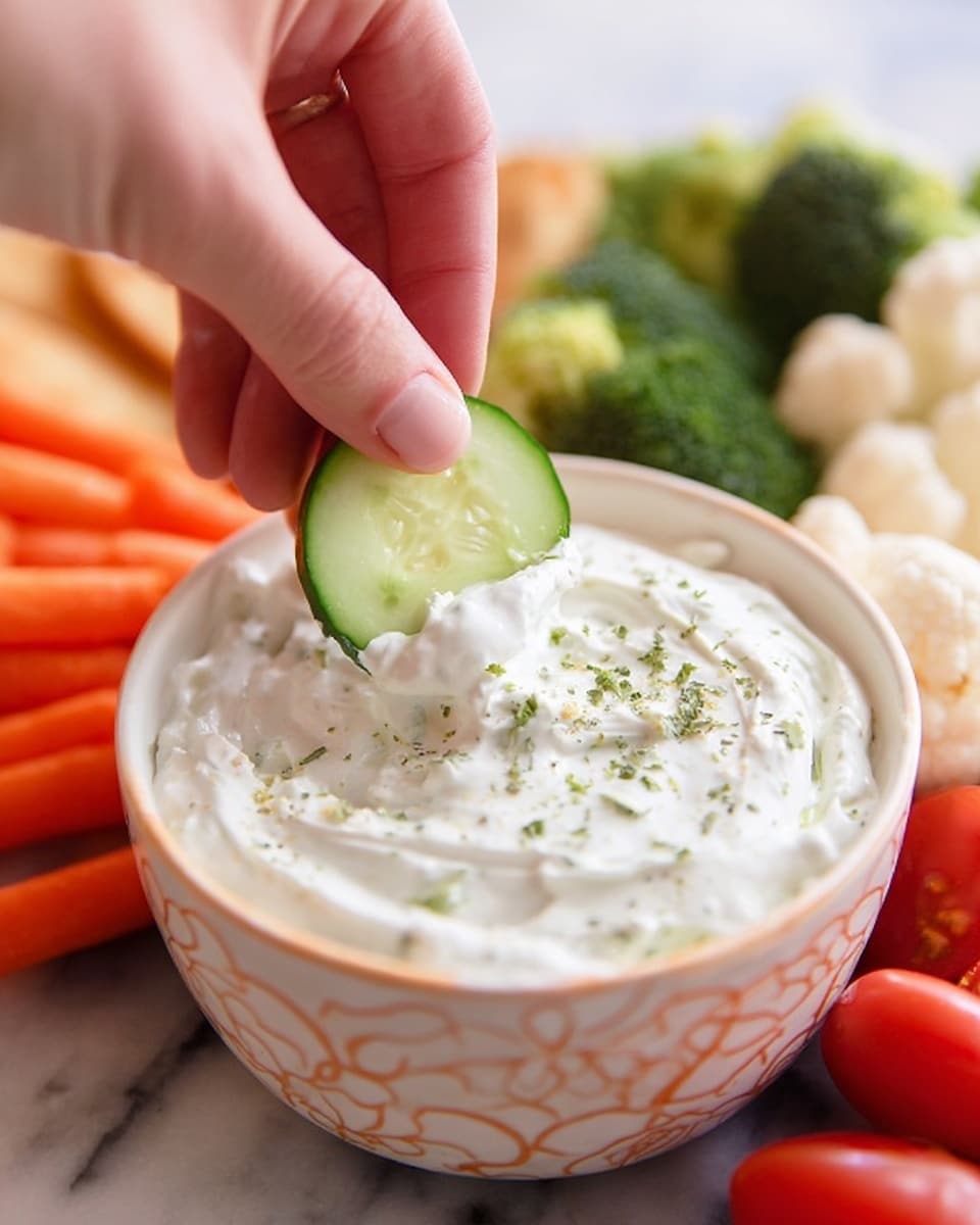 A white bowl with a subtle orange pattern holds a thick, creamy white dip sprinkled with small green herb flakes. A woman's hand is dipping a fresh, bright green cucumber slice into the dip, covering its bottom edge. Around the bowl, there are fresh raw vegetables including pale orange baby carrots, white cauliflower florets, red cherry tomatoes, and green broccoli pieces. The scene is set on a white marbled surface. photo taken with an iphone --ar 4:5 --v 7