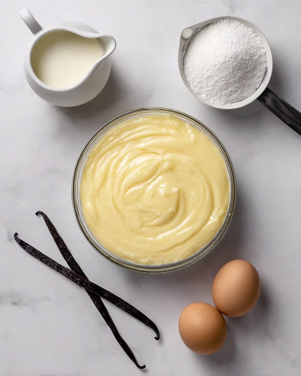 The image shows a round clear glass bowl in the center filled with a thick, creamy yellow mixture with a smooth and slightly swirled texture on top. Below the bowl are two dark brown vanilla pods crossed diagonally to the left and two brown eggs placed side by side to the right. On the top left sits a small white ceramic pitcher filled with milk, while at the top right is a white measuring cup tipped to pour out white granulated sugar onto the white marbled surface. photo taken with an iphone --ar 4:5 --v 7