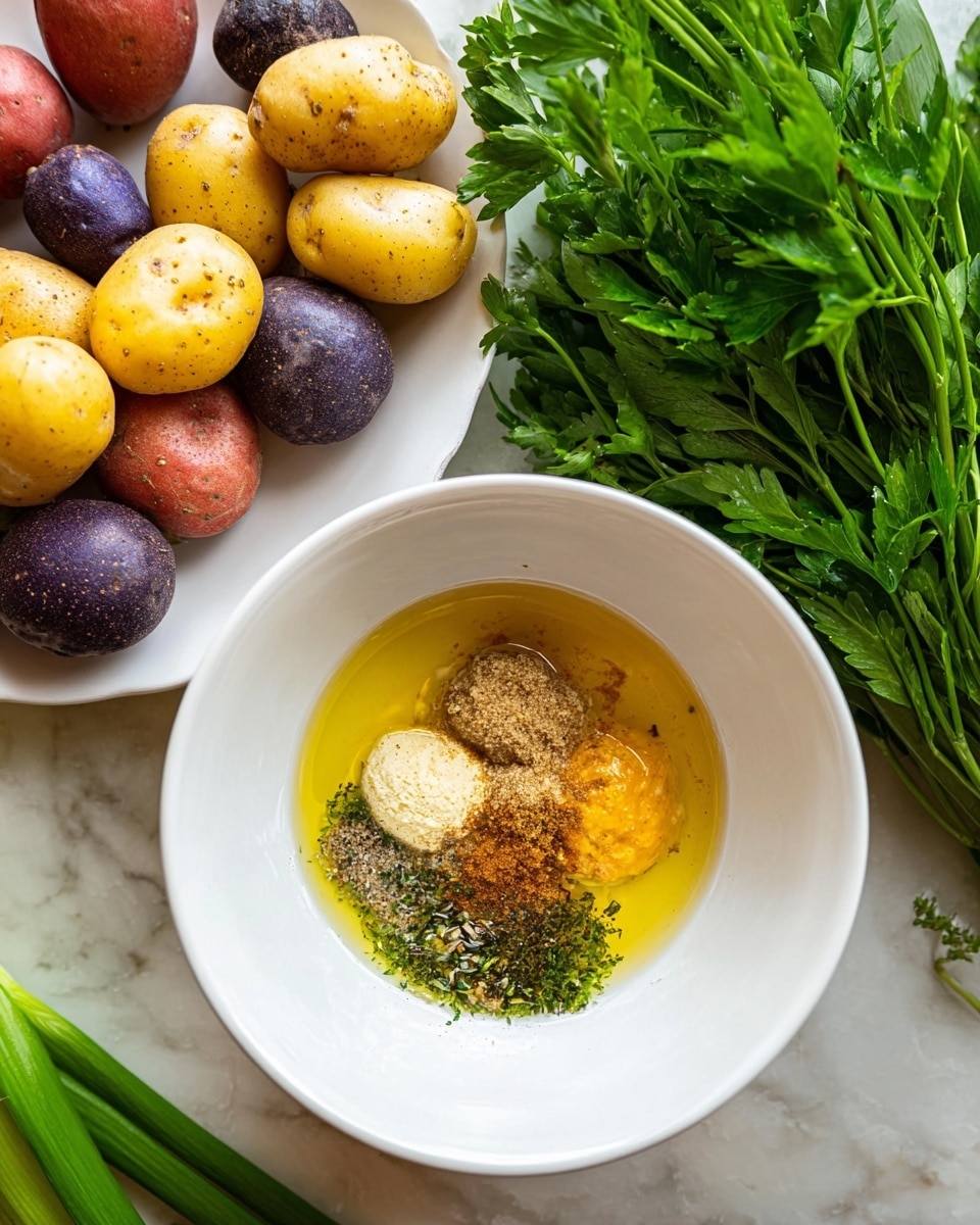 In the image, there is a white bowl in the center with a mix of several ingredients layered inside: a yellow oil base, topped with a pale yellow creamy dollop, a dollop of grainy brown mustard, and sprinkled herbs and spices in green and brown shades. Behind it, to the left, sits a white plate filled with small round potatoes in yellow, purple, and red colors. On the right side and partially in the background, there are fresh green herbs, including leafy parsley and green onions. The whole setup is on a white marbled surface. Woman's hand is not visible but implied by the setup. Photo taken with an iphone --ar 4:5 --v 7