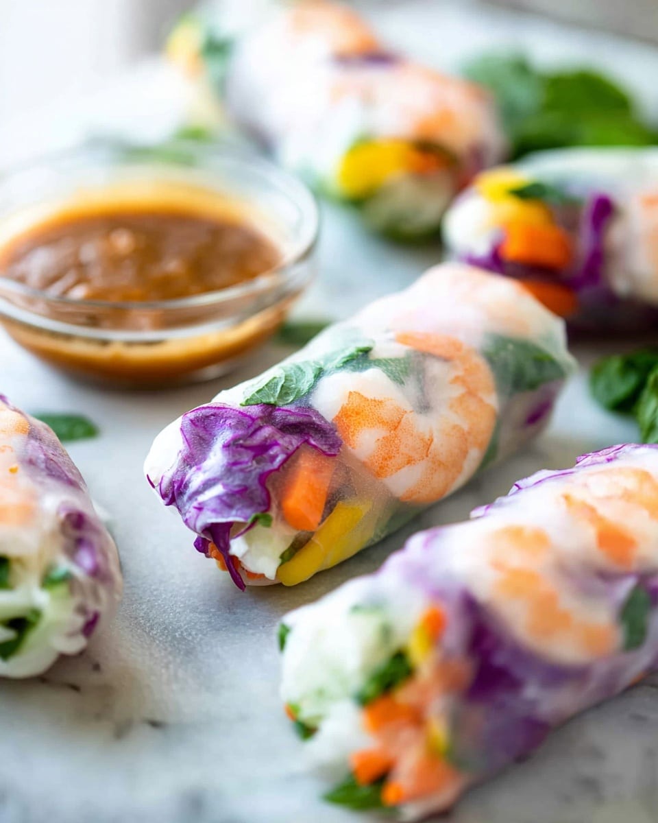 The image shows several fresh spring rolls placed on a white marbled surface. Each spring roll is wrapped tightly in translucent rice paper, revealing layers of colorful ingredients inside. The layers include pale shrimp pieces, vibrant purple cabbage, bright orange carrot strips, and green leafy herbs, all arranged in a rolled shape. The rice paper's smooth, almost shiny texture contrasts with the crunchy vegetables visible inside. In the background, there is a small clear glass bowl filled with brown dipping sauce. The scene looks fresh and bright with a soft focus on the background, drawing attention to the spring rolls in the foreground. Photo taken with an iphone --ar 4:5 --v 7