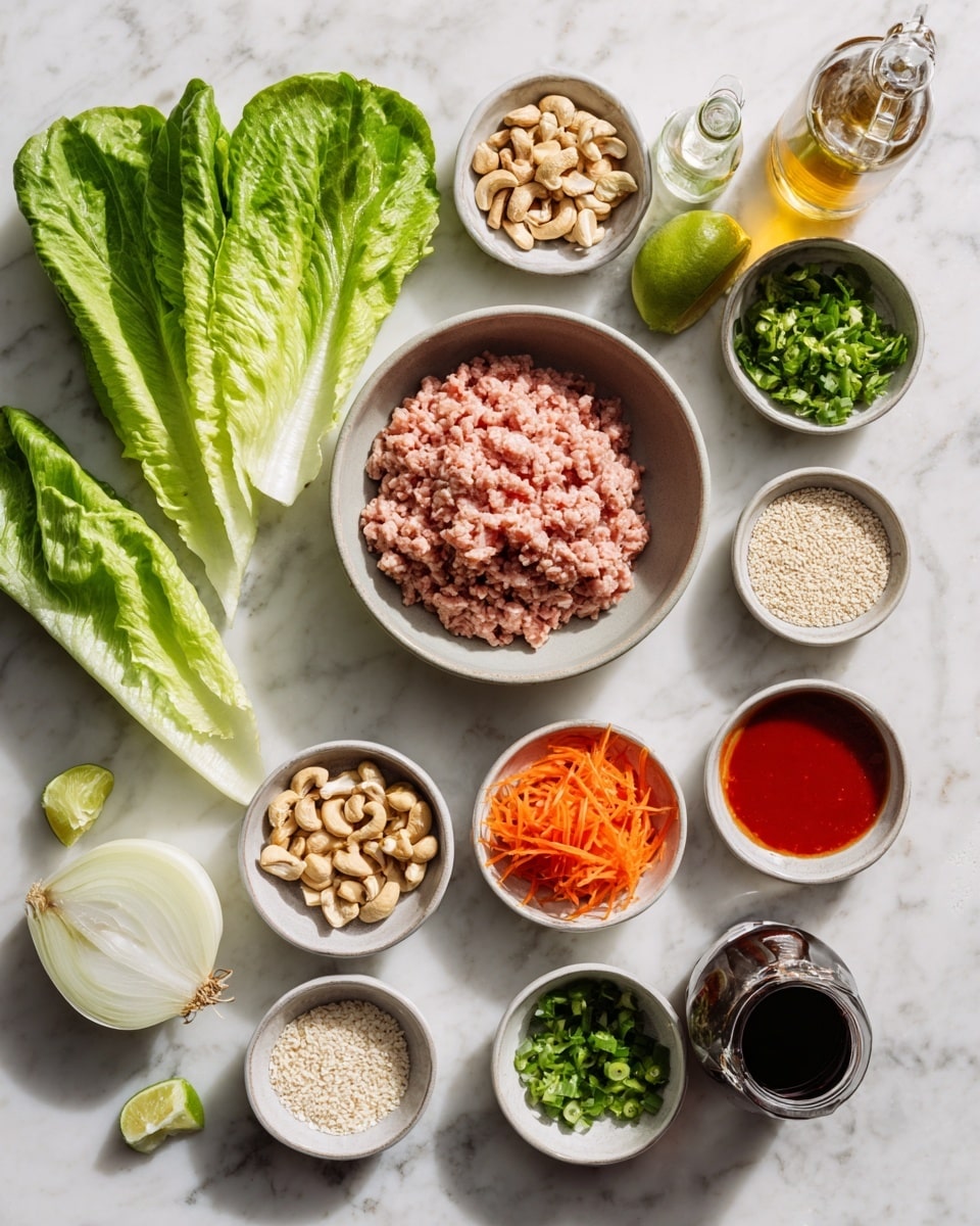 On a white marbled surface, there is a light gray bowl in the center filled with pale pink ground meat. Around it, several small light gray bowls hold different ingredients: shredded bright orange carrots, finely chopped green herbs, sliced light green scallions, crushed garlic, and mixed light tan cashew nuts. Half of a white onion with a light yellow center sits next to these bowls. A group of fresh light green lettuce leaves is arranged on the left side. There are also two lime halves with a pale green center, a small bowl with white sesame seeds, a small bowl with thick red sauce, a glass bottle of amber syrup, a dark glass bottle of soy sauce, and a small clear bottle with olive oil on the marble background. The arrangement is neat and colorful. photo taken with an iphone --ar 4:5 --v 7