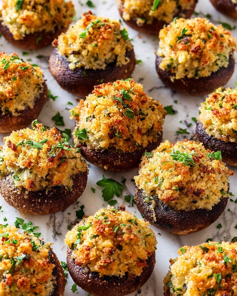 The image shows several stuffed mushrooms arranged closely on a white marbled surface. Each mushroom has a dark brown base with a thick layer of golden brown crumbly stuffing on top, sprinkled with small green herb pieces. The stuffing has a textured, slightly crumbly look with bits of green herbs mixed in, creating a contrast with the smooth, glossy mushroom caps beneath. Small green herb leaves are scattered around on the white marbled background, adding freshness to the scene. photo taken with an iphone --ar 4:5 --v 7