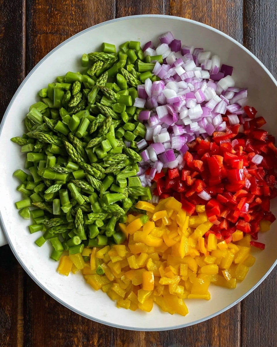 In a white pan, there is a mix of four layers of chopped vegetables. The top layer is bright green chopped asparagus, placed on the upper left side. Next to it on the right are small cubes of light purple and white chopped onions. Below the asparagus and onions, there are red chopped bell peppers. At the bottom left, there are yellow chopped bell peppers. The pan sits on a dark wood surface, but the surface should be imagined as a white marbled texture. photo taken with an iphone --ar 4:5 --v 7