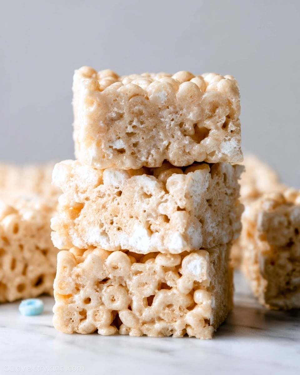 The image shows three stacked square rice cereal treats with a creamy, slightly glossy texture. Each layer has a light beige color with visible puffed rice grains bound by melted marshmallow. The top square has a more bubbly and uneven surface with some shine, while the middle and bottom layers feature a denser, smooth, and slightly spongy appearance. The treats rest on a white marbled surface, with additional treats blurred in the background, giving a soft depth effect. Photo taken with an iphone --ar 4:5 --v 7