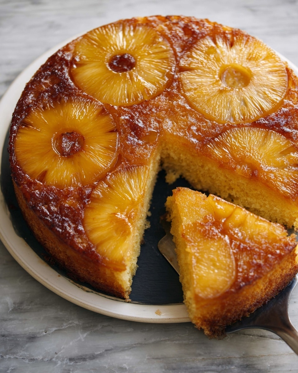 A round cake with five golden-brown pineapple rings evenly spaced on top, each ring showing a glossy, caramelized texture with darker caramel spots at the center and edges. The cake surface around the pineapple is a light golden-brown with a slightly crispy look. The cake rests on a dark circular board, placed on a white marbled surface. photo taken with an iphone --ar 4:5 --v 7