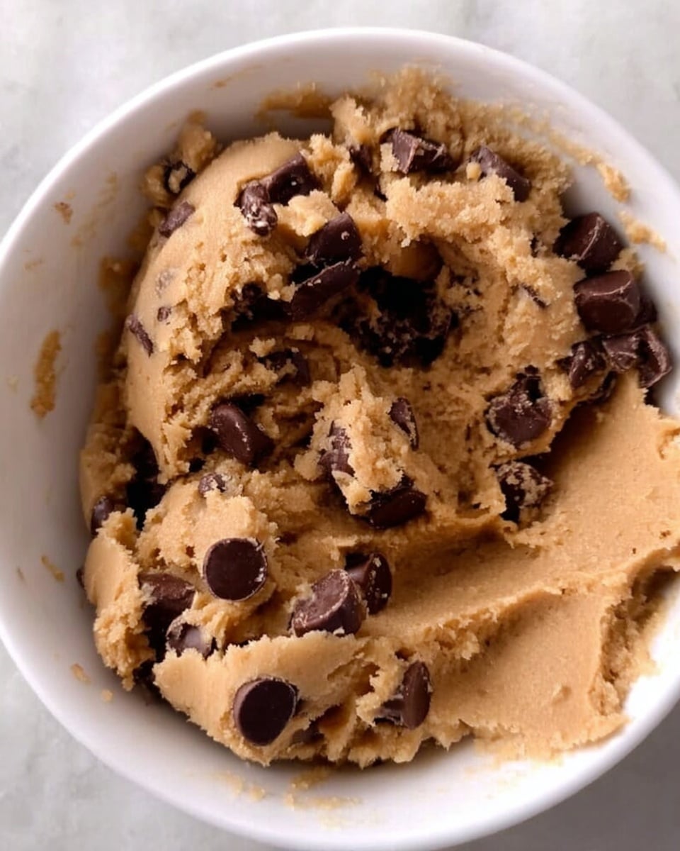 A close-up view of thick brown cookie dough with many dark brown chocolate chips and chunks mixed inside. The dough looks soft and slightly crumbly in places, scooped inside a white bowl. A small section on the right side of the dough is smooth and flat, showing its texture clearly. The bowl is placed on a white marbled surface. photo taken with an iphone --ar 4:5 --v 7