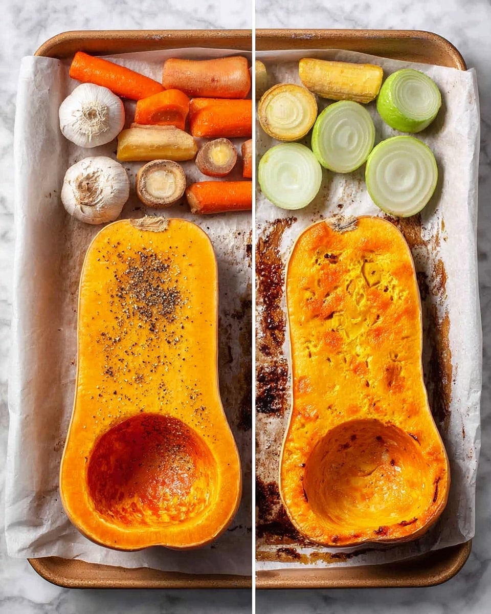 The image shows two side-by-side photos of butternut squash halves before and after roasting on a white tray lined with parchment paper. On the left, two raw butternut squash halves with orange flesh and hollowed seed cavities are sprinkled with black pepper and positioned near raw carrots, garlic cloves, green apple halves with hollow centers, and white onion halves, all also sprinkled lightly with black pepper. The right side shows the two butternut squash halves roasted with a golden-orange color, slightly charred edges, and a soft, bubbled texture on top. The cinnamon parchment paper has dark roasted spots and the background is a white marbled texture. photo taken with an iphone --ar 4:5 --v 7