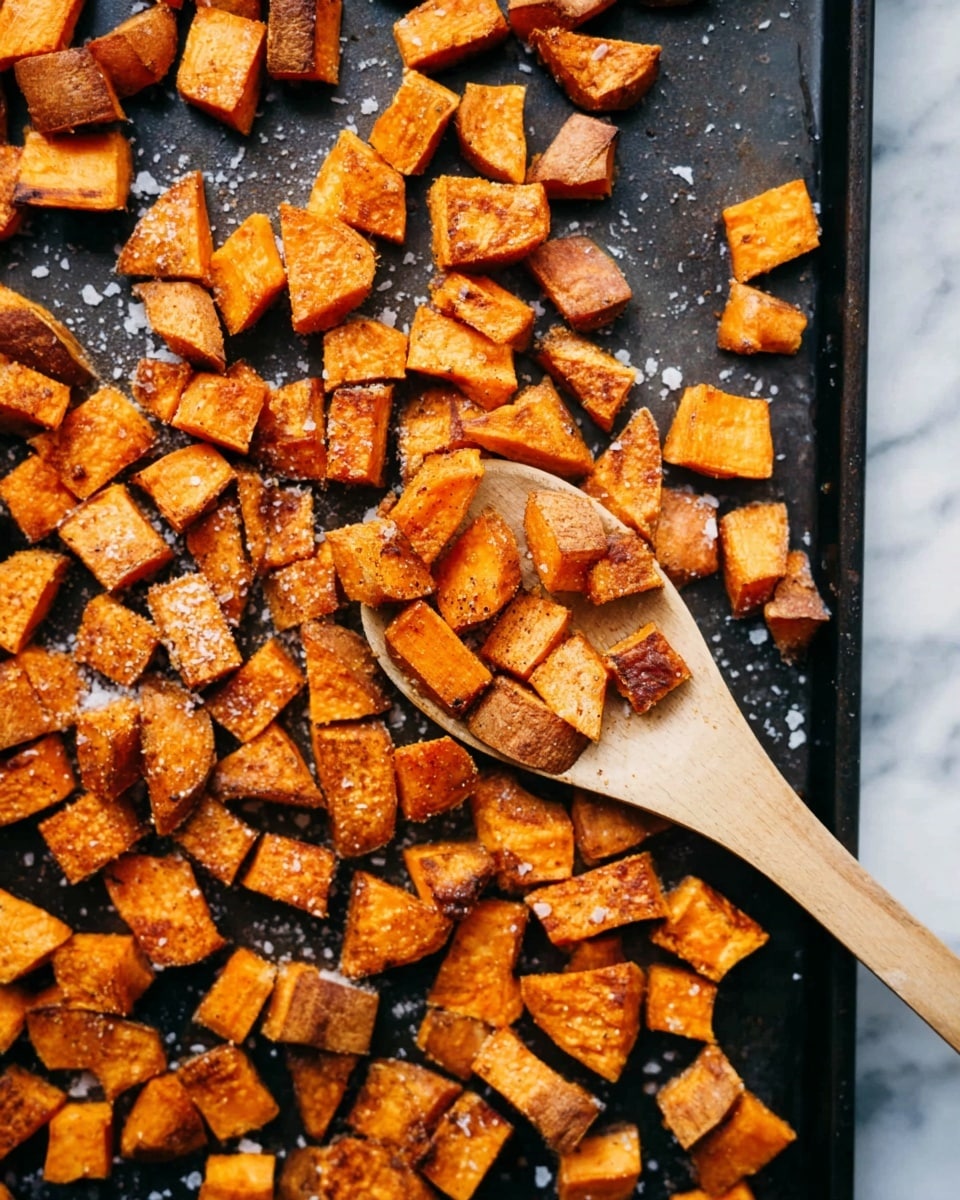The image shows many small, cooked sweet potato pieces with a golden-orange color and slightly crispy edges spread on a dark cooking sheet. The sweet potato pieces vary in size and shape, with some edges showing a deep brown color indicating roasted crispiness. Light white salt crystals are sprinkled unevenly over the sweet potatoes, adding texture. Near the center, a light wooden spoon rests on the cooking sheet, holding a small pile of sweet potato pieces. The entire scene is set on a white marbled surface. photo taken with an iphone --ar 4:5 --v 7