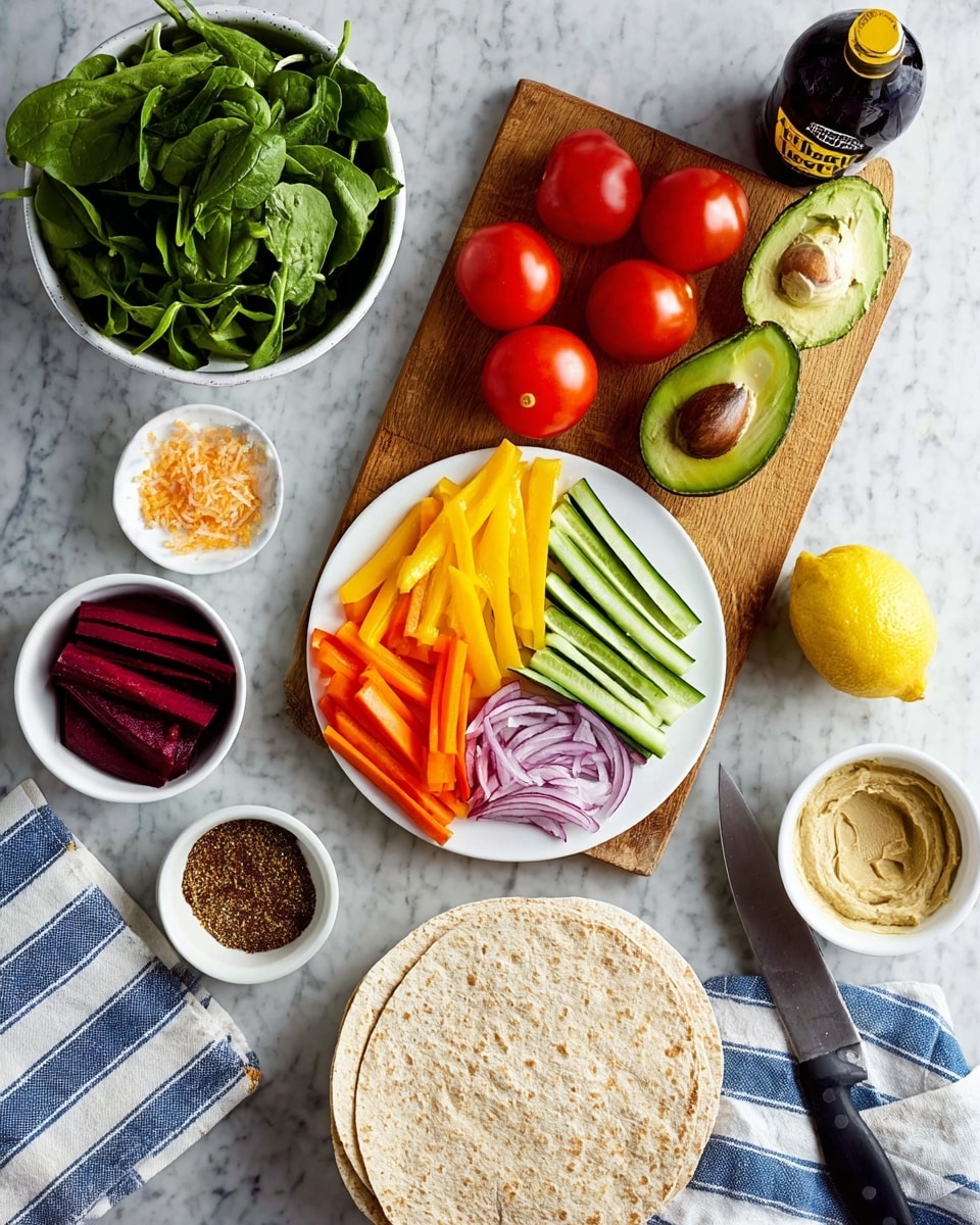 The image shows an arrangement of fresh ingredients on a white marbled surface. At the top left, there is a white bowl filled with bright green spinach leaves. Below it, four red tomatoes on the vine rest on a wooden and white rectangular board. To the right on the board, a white round plate is divided into three sections: thinly sliced yellow bell peppers on the left, long green cucumber sticks in the middle, and thin orange carrot sticks on the right. Below the plate, two small white bowls hold thin strips of deep purple beetroot and slices of red onion. An avocado sits next to a yellow lemon on the right side of the board. At the bottom right corner, there are two round, light brown tortillas stacked. Near the bottom left, two small white bowls contain a spice mix and a creamy hummus-like spread, next to a knife on a white cloth with blue stripes. A dark bottle with a yellow label is seen in the upper right area. Photo taken with an iphone --ar 4:5 --v 7