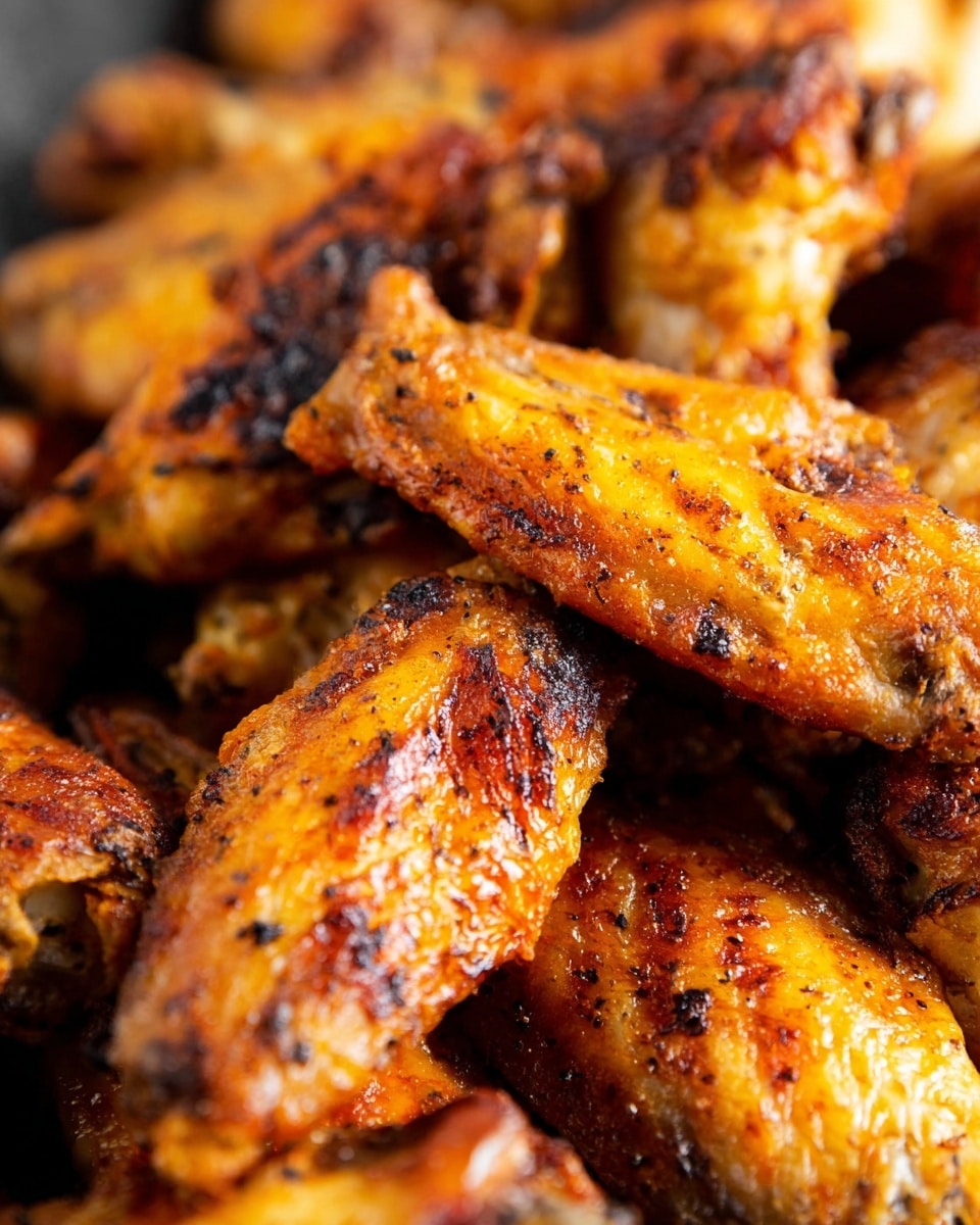 A close-up of many golden brown chicken wings piled on top of each other with a crispy, slightly charred skin showing a mix of orange, yellow, and brown colors, with visible seasoning and a shiny, textured surface. The wings have a rough, crunchy look with some darker spots from roasting or grilling. The background is blurred but shows a white marbled texture. photo taken with an iphone --ar 4:5 --v 7