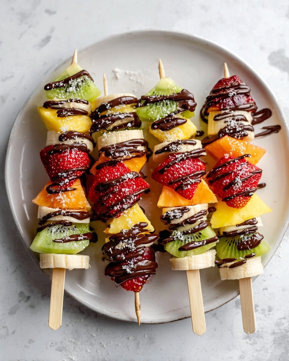 The image shows five fruit skewers on a large white plate sitting on a white marbled surface. Each skewer has four layers of fruits in a repeating pattern: green kiwi triangle at the bottom, followed by a banana slice, a yellow pineapple chunk, a bright orange slice, and topped with a red strawberry cut in half. All the fruit pieces are drizzled with dark chocolate and sprinkled with coarse salt flakes. The skewer sticks are light-colored wood and placed close together on the plate. Photo taken with an iphone --ar 4:5 --v 7