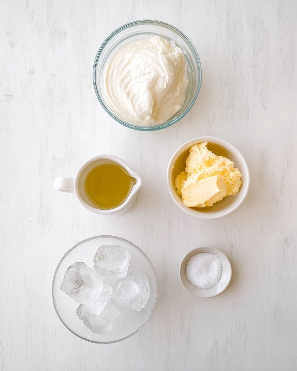 The image shows five small containers placed on a white marbled surface, arranged in a loose cross shape. At the top, there is a clear glass bowl filled with thick white cream. To the right, a small white bowl holds yellow butter. At the bottom right, a small white dish contains white salt. At the bottom left, a larger clear glass bowl is filled with ice cubes. To the left side, a small white pitcher holds a light yellow liquid, likely oil. The containers are spaced evenly and neatly. photo taken with an iphone --ar 4:5 --v 7
