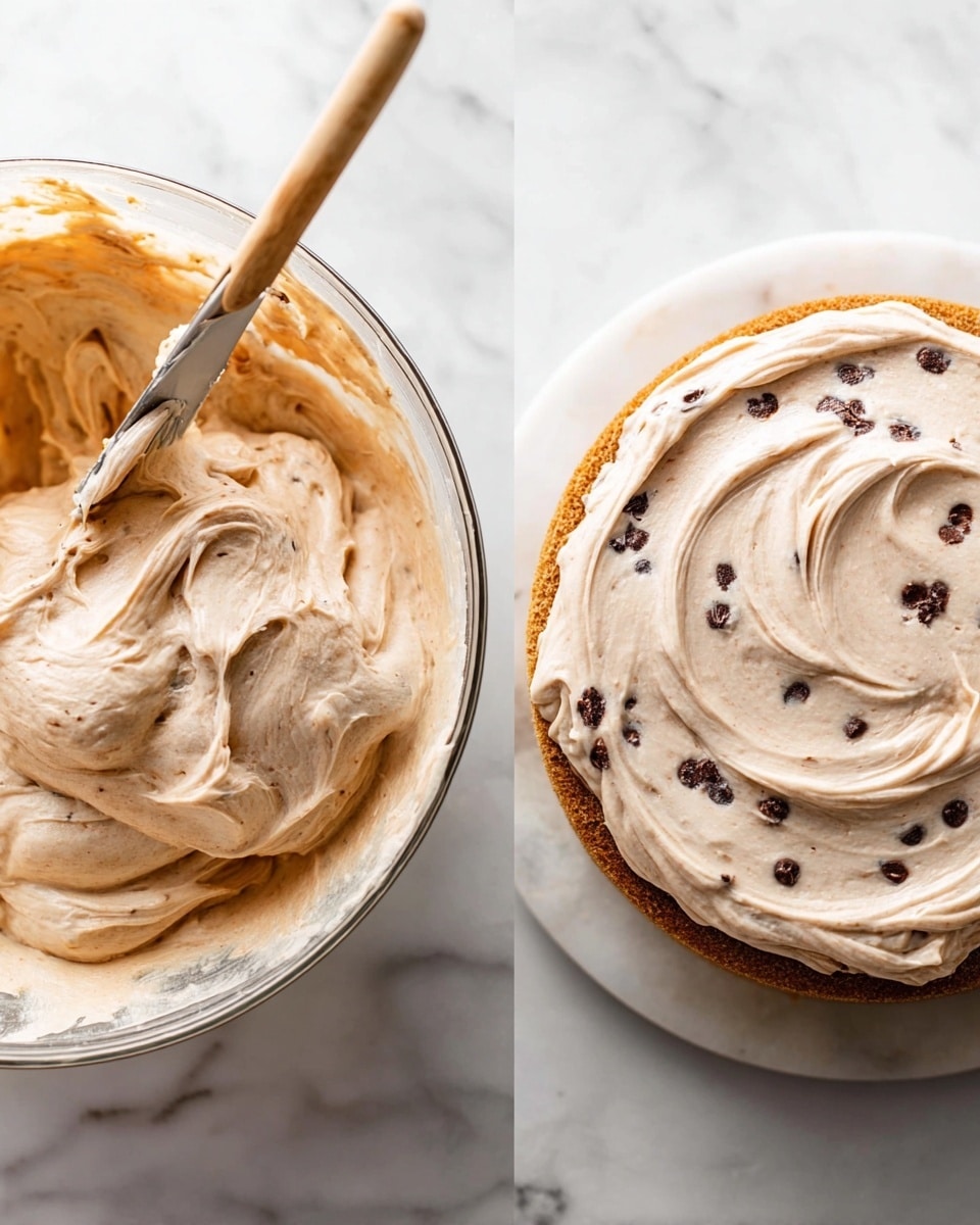 The image shows two parts: on the left, a close-up of light brown creamy frosting with a smooth, whipped texture in a clear glass bowl with a wooden spatula inside; on the right, a single round cake layer with dark spots, likely chocolate chips, on top of a white marble surface, with the same light brown frosting being spread evenly on it using a flat metal spatula. The frosting looks soft and thick, covering about half of the cake top in a swirling motion. The background is a white marbled texture. photo taken with an iphone --ar 4:5 --v 7