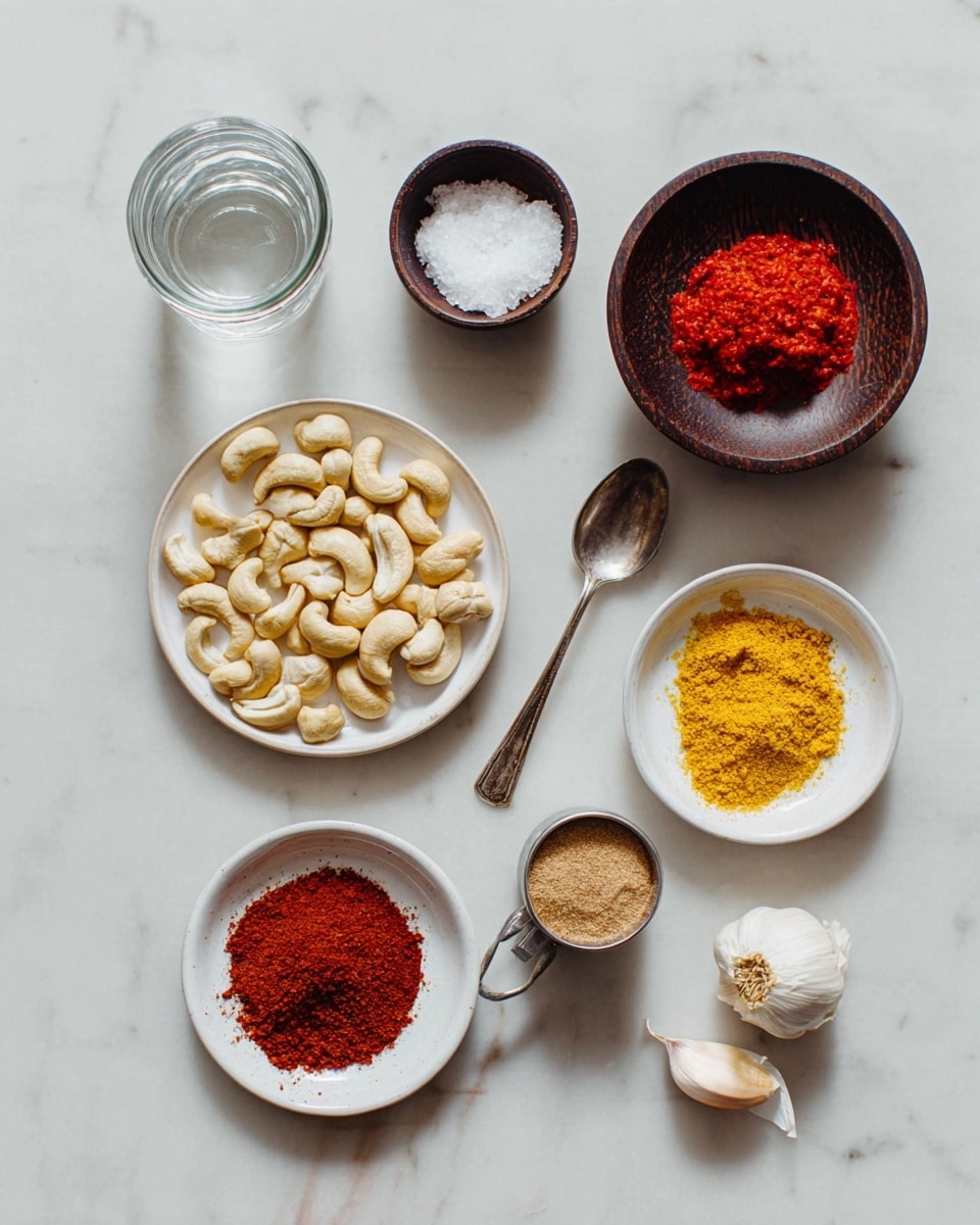The image shows nine ingredients neatly arranged on a white marbled surface. On the top left, there is a small clear glass jar filled with water. To the right of it, a small dark brown wooden bowl holds white salt. Next is a silver spoon on the right side with bright red paste. On the bottom left, a white plate holds a pile of raw cashew nuts. Above the cashews is a white plate with a brown powder, and next to it, another white plate contains red chili powder. Below the salt bowl, a metallic measuring cup carries yellow powder, and to the right, there are two whole garlic cloves with papery skins on the marble surface. photo taken with an iphone --ar 4:5 --v 7