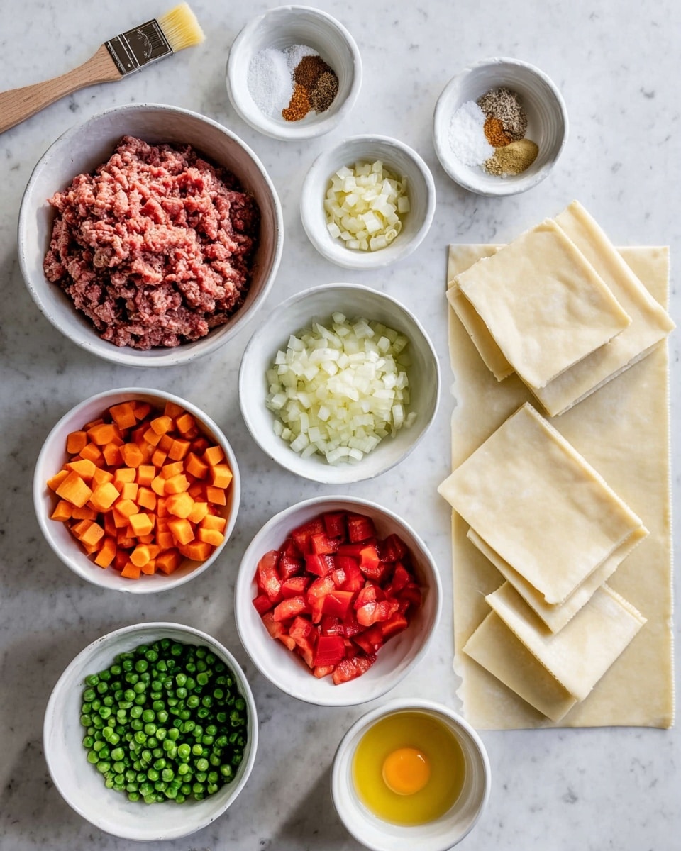 The image shows eight white bowls arranged on a white marbled surface, each containing different ingredients for a recipe. In the top left, there is a bowl filled with raw ground meat, next to it is a smaller bowl with various spices in shades of brown and white, and below that is a bowl with chopped garlic. To the right of these, there is a bowl with diced onions, and below that, a bowl with chopped red tomatoes. In the bottom left corner, there is a bowl filled with diced orange carrots, next to it a bowl with green peas, and below the peas, a bowl with diced potatoes. Beside the bowls, there are several folded pale sheets of pastry dough stacked neatly on the right side. At the bottom left, there is a small bowl containing beaten egg and a pastry brush resting on the surface nearby. The surface is white marbled, creating a clean and bright setting. photo taken with an iphone --ar 4:5 --v 7