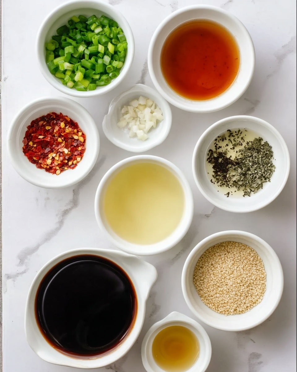 This image shows eight small white bowls arranged on a white marbled surface. Each bowl holds a different ingredient: bright green chopped scallions in the top left, a reddish-brown liquid in the top center, red chili flakes on the top right, white salt and black pepper mixed in the middle left, a clear pale yellow liquid in the middle center, finely chopped garlic in the middle right, a golden yellow liquid in the bottom left, a thick dark brown sauce in the bottom center, and light tan sesame seeds in the bottom right. The bowls are neatly placed with some space between them, showing a variety of colors and textures. Photo taken with an iphone --ar 4:5 --v 7