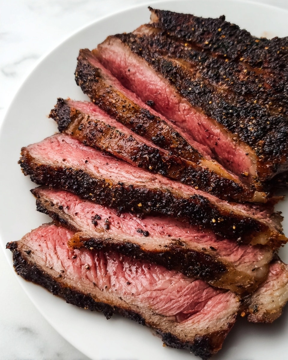The image shows a white plate with a large piece of grilled meat sliced into four thick strips and one large unsliced section. Each slice displays a dark, crispy outer crust with a black pepper seasoning texture, transitioning into a warm pink center that looks juicy and tender. The slices lie flat and slightly overlapping on the plate, with visible fat layers near the edges. The background is a white marbled texture. photo taken with an iphone --ar 4:5 --v 7