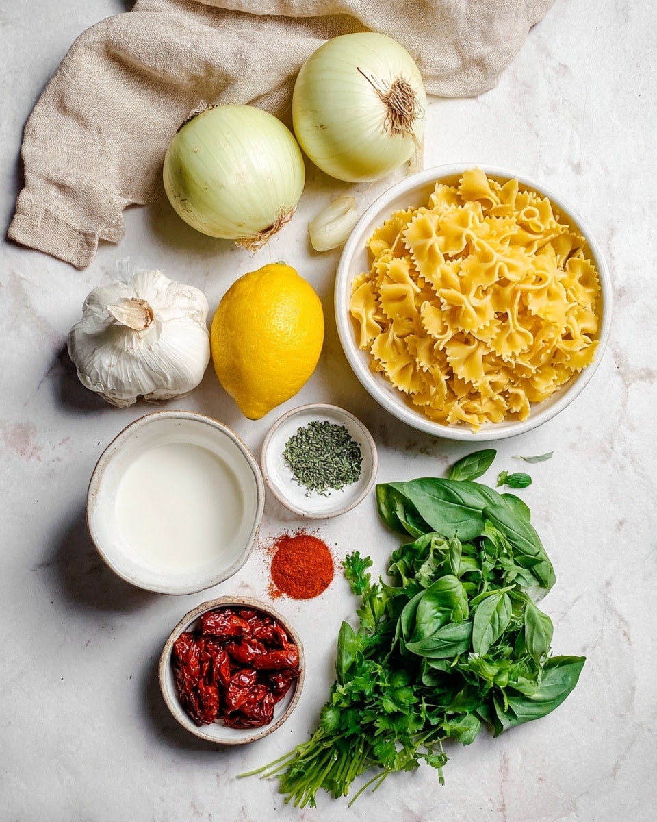 The image shows various cooking ingredients laid out on a white marbled surface, featuring a cluster of five light yellow onions on the left, a bright yellow lemon below them, and a whole garlic bulb near the bottom left. A small white bowl of milk is placed near the lemon, while a larger white bowl filled with uncooked yellow farfalle pasta sits above it. To the right of the pasta, there are two small dishes—one with bright red paprika powder and the other with salt and chopped green herbs. In the lower center, a small white bowl contains sun-dried tomatoes. At the top right, a white plate holds fresh green herbs, including basil and parsley. A beige cloth is draped in the upper left corner with a woman’s hand slightly visible near the herbs. photo taken with an iphone --ar 4:5 --v 7