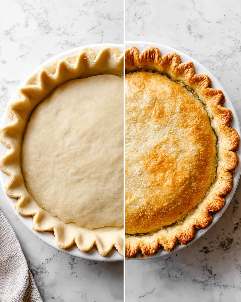 The image shows two views of a round pie on a white plate, both placed on a white marbled surface. The left side features an uncooked pie with a smooth, pale dough top layer that is slightly crimped around the edges, giving it a ruffled border. The right side shows the same pie after baking, with a golden-brown crust that is cracked lightly on top, still holding the ruffled edge but now with a more textured and crisp appearance. The pie filling is not visible, hidden beneath the top dough layer. Photo taken with an iphone --ar 4:5 --v 7