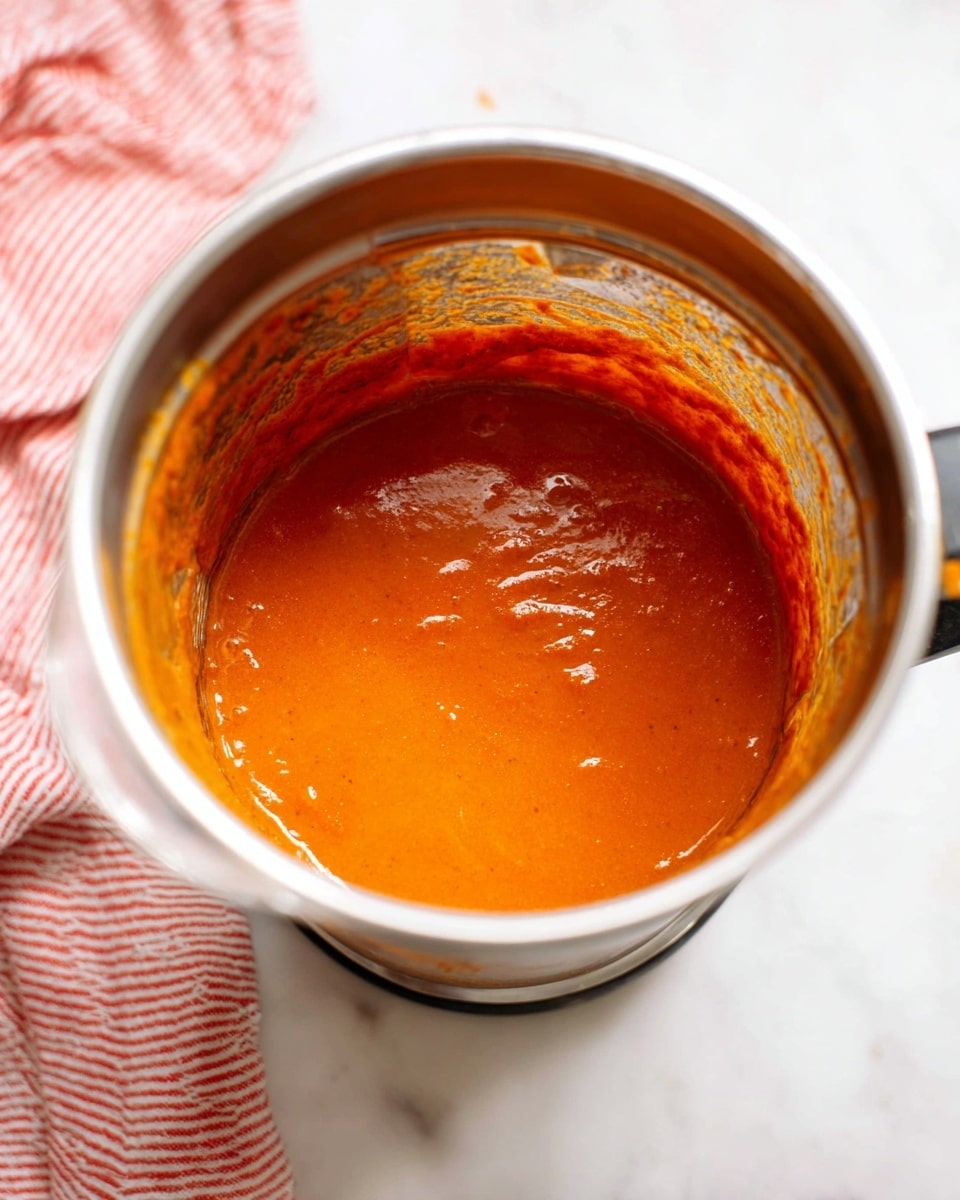 Inside a silver blender jar, there is a thick, smooth sauce with two distinct liquid layers: a bright orange layer at the bottom and a darker reddish-orange layer on top. The sauce fills about half the jar, and the inside walls of the blender are coated lightly with the sauce. The jar handle is visible on the right side and it is placed on a white marbled surface with a folded red and white cloth napkin lying nearby. Photo taken with an iphone --ar 4:5 --v 7