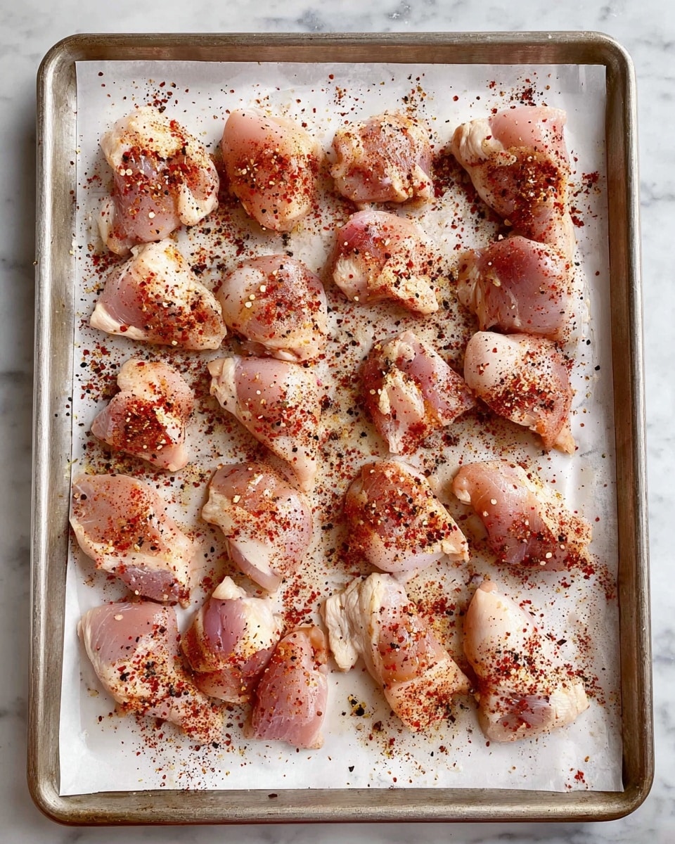 A metal baking tray lined with white parchment paper holds three rows of small raw chicken pieces, each piece sprinkled with red and black seasoning powder. The chicken pieces are pale pink with some white fat visible under the seasoning. The tray is on a white marbled surface, and the seasoning is scattered unevenly over the chicken and parchment paper. photo taken with an iphone --ar 4:5 --v 7