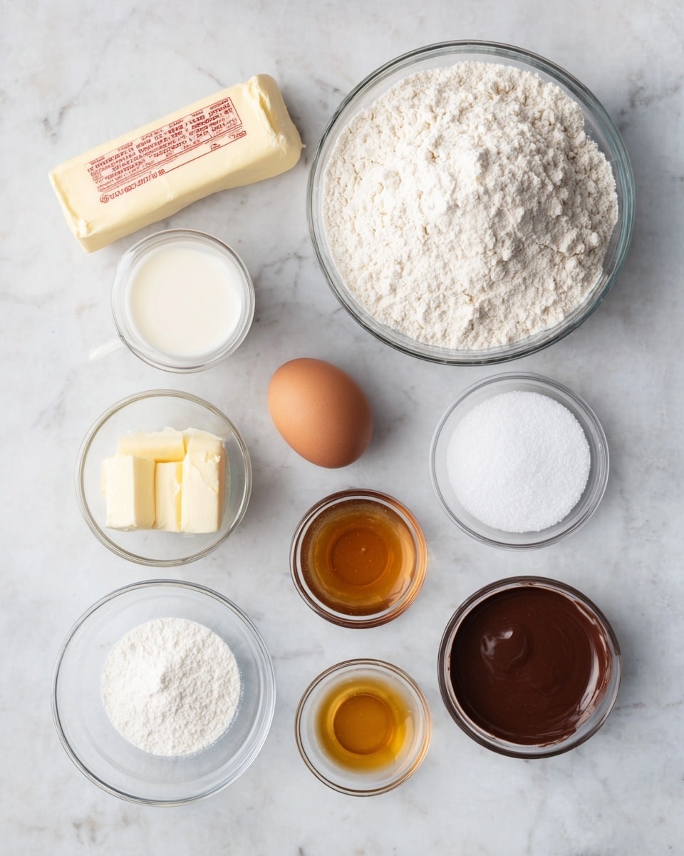 The image shows baking ingredients arranged neatly on a white marbled surface. There is a large clear glass bowl filled with white flour at the top right. To the left of the flour bowl is a stick of unsalted butter wrapped in paper with red text. Below the butter, there is a small clear glass cup holding white milk. To the right of the milk is a small clear glass bowl with granulated white sugar. Below the sugar, there is a small mound of white powdered sugar on the surface. To the right of that is a small clear glass cup filled with golden brown vanilla extract. Below the vanilla is a small clear glass bowl filled with smooth dark brown melted chocolate. To the left of the chocolate is a single brown egg. Near the egg at the bottom left is a tiny clear glass bowl with white salt, and to the right of the salt is another tiny clear glass bowl holding dry yeast. The items are spaced evenly and lit softly with natural light, on a white marbled surface photo taken with an iphone --ar 4:5 --v 7