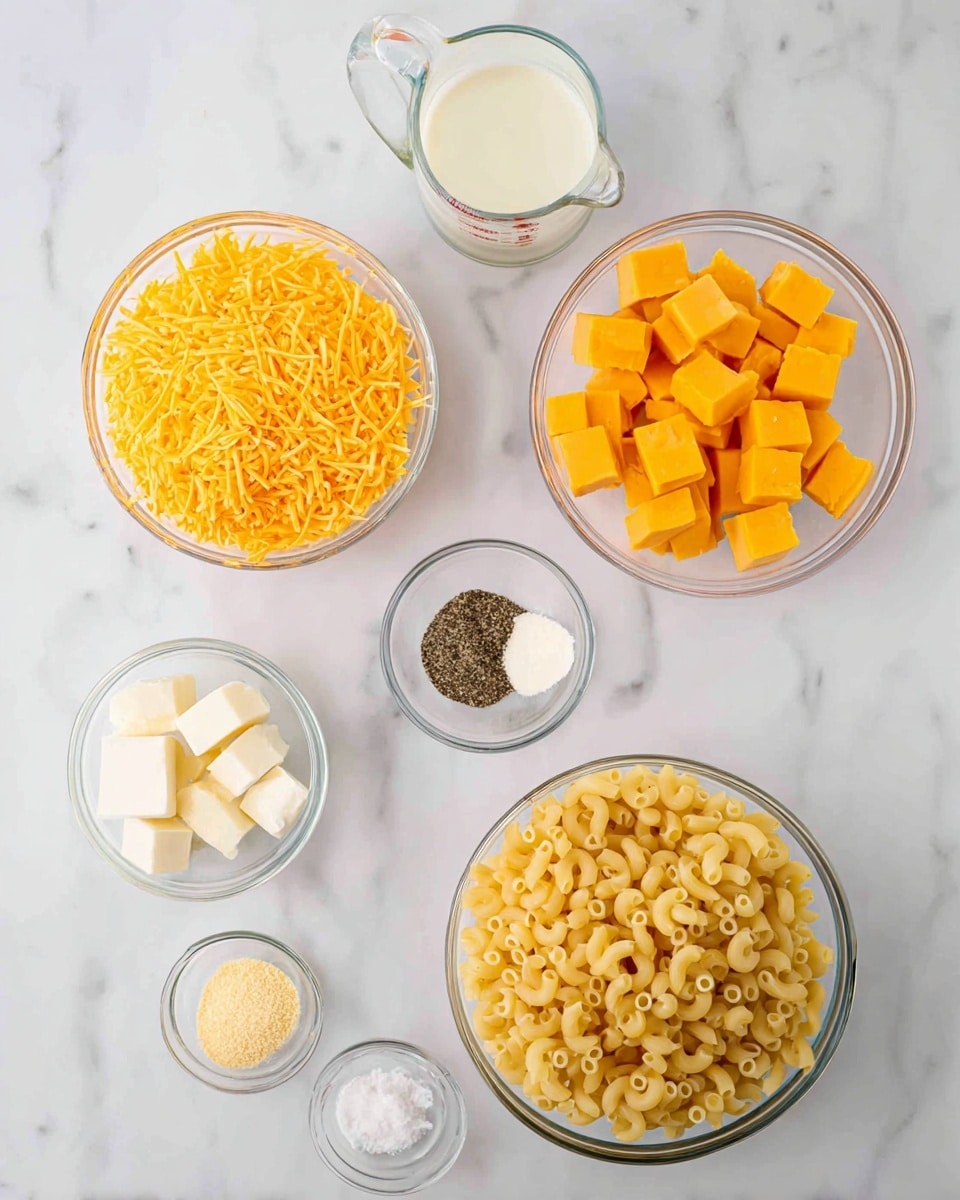 The image shows several clear glass bowls and containers arranged on a white marbled surface. Starting from the bottom right, there is a bowl full of uncooked elbow macaroni, light yellow in color, tightly packed. Above it, on the right, a larger bowl contains small orange-yellow cheese cubes, arranged in a loose pile. Below the cheese cubes, there are three small glass bowls in a loose cluster; one has a white powder (salt), another holds a black powder (pepper), and the third contains a pale yellow powder (garlic powder). In the center left, a large bowl is filled with bright orange shredded cheese, heaped inside. Above this, a small bowl has small white cubes of butter. Near the top left, there is a glass measuring cup filled with clear liquid, and beside it, a glass contains a creamy light beige liquid. The whole setup is clean and neatly spaced. Photo taken with an iphone --ar 4:5 --v 7