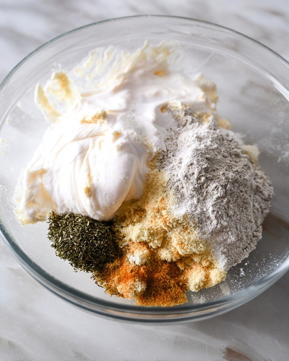 In a clear glass bowl resting on a white marbled surface, there are several layers of ingredients: a large, soft white creamy base spread out unevenly, topped with a loose pile of light gray powder on the right side; next to this, small clusters of a yellowish powder and a mix of brown-orange seasoning sit in the front middle. On the left side, there is a small mound of dark green herbs. The textures range from creamy and smooth to finely powdered, all arranged in separate groups but close together in the bowl. Photo taken with an iphone --ar 4:5 --v 7