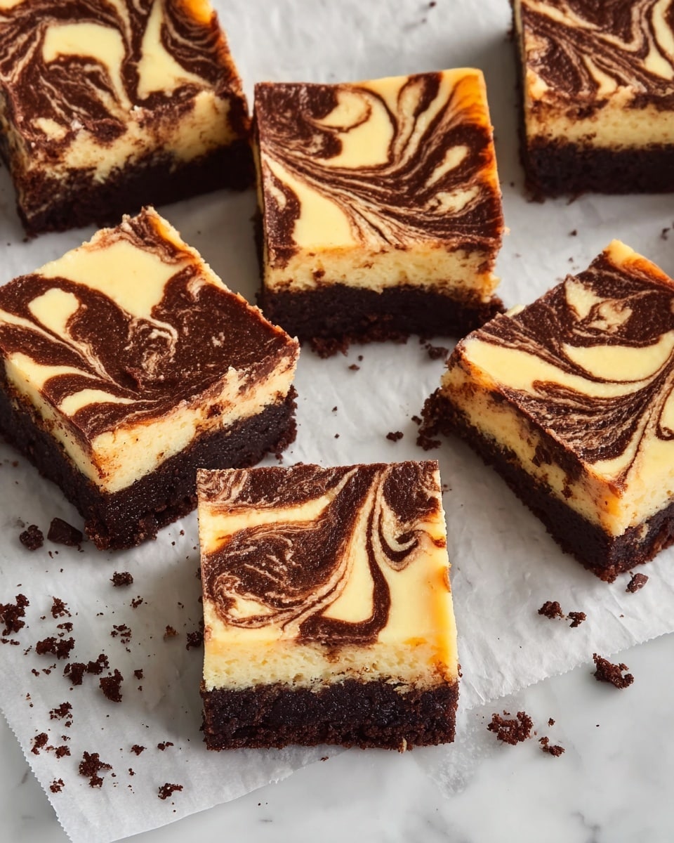 The image shows several square pieces of dessert with two distinct layers. The bottom layer is a dark brown, crumbly chocolate base, thick and dense. The top layer is a creamy pale yellow with dark brown swirls creating a marbled effect across the surface. Each piece has a smooth top with the swirls evenly spread but varied in design, making each square unique. The pieces are set on white parchment paper that rests on a white marbled surface. Small crumbs and chocolate bits are scattered around the pieces for added texture. photo taken with an iphone --ar 4:5 --v 7