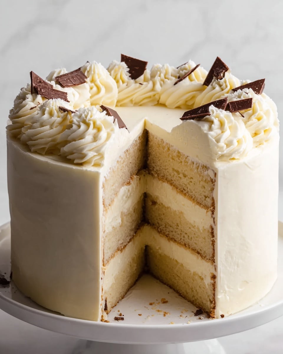 The image shows a tall, round cake with three visible layers of light beige sponge separated by creamy off-white filling. The entire cake is coated with smooth white frosting. On top, there is a ring of swirl-shaped white frosting dollops, each topped with small pieces of dark chocolate. One slice is removed, revealing the inside layers. The cake sits on a white plate against a white marbled background. photo taken with an iphone --ar 4:5 --v 7
