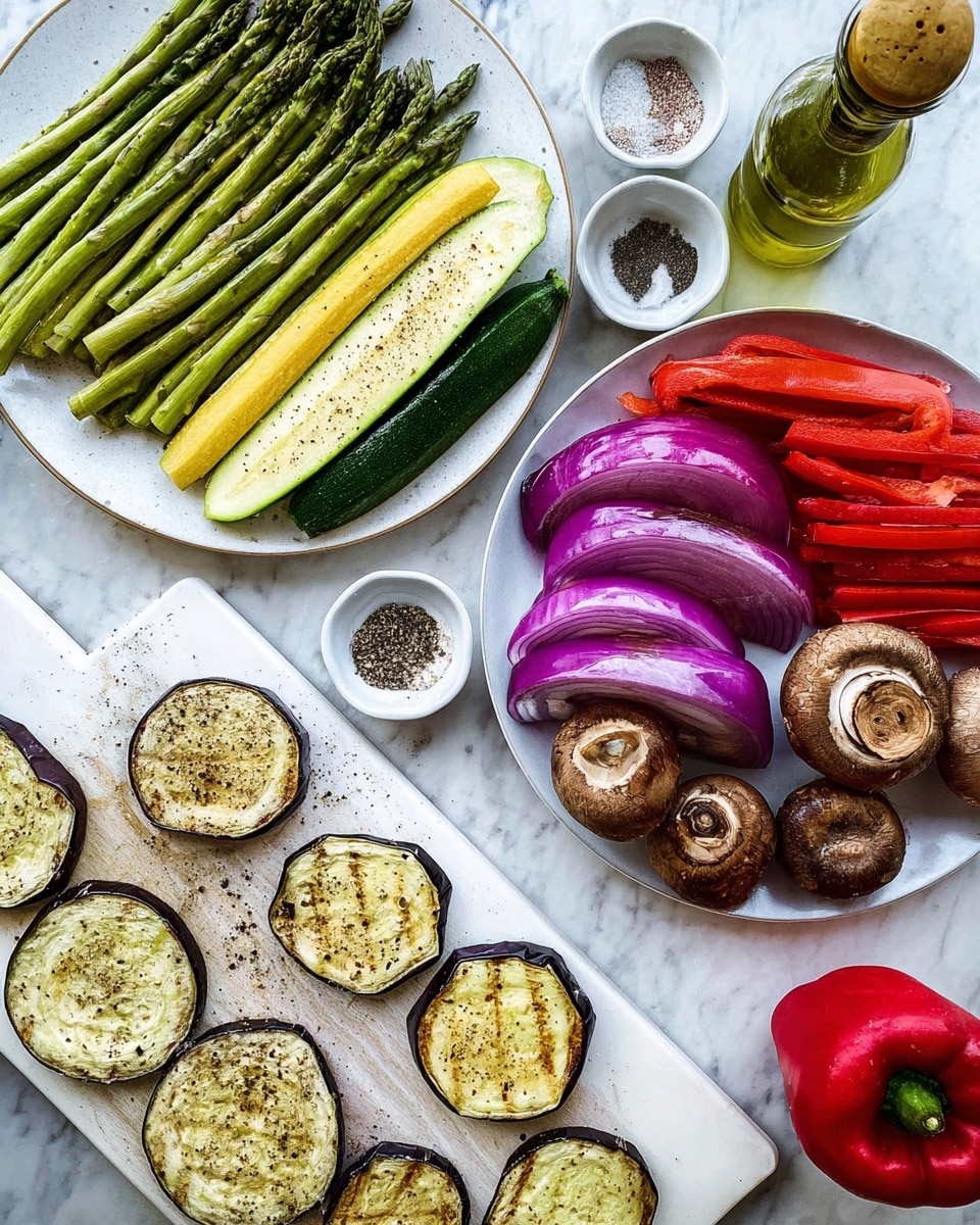 The image shows several plates and a board with sliced and whole vegetables arranged neatly on a white marbled surface. On the top left, a white plate holds layers of green asparagus spears placed on top of long yellow and green zucchini strips, with two red bell pepper halves underneath. To the right, a white round plate features a circle of purple red onion slices and three large brown mushrooms with dark interiors. At the bottom left, a white cutting board has eight round slices of eggplant sprinkled with black pepper and seasoning. Two small white bowls with black pepper and salt are placed nearby. A green bottle with a gold cap is visible on the upper right side, and a whole red bell pepper sits at the bottom right corner. The overall colors are fresh green, yellow, red, purple, and deep brown, all on a bright white marbled background. photo taken with an iphone --ar 4:5 --v 7