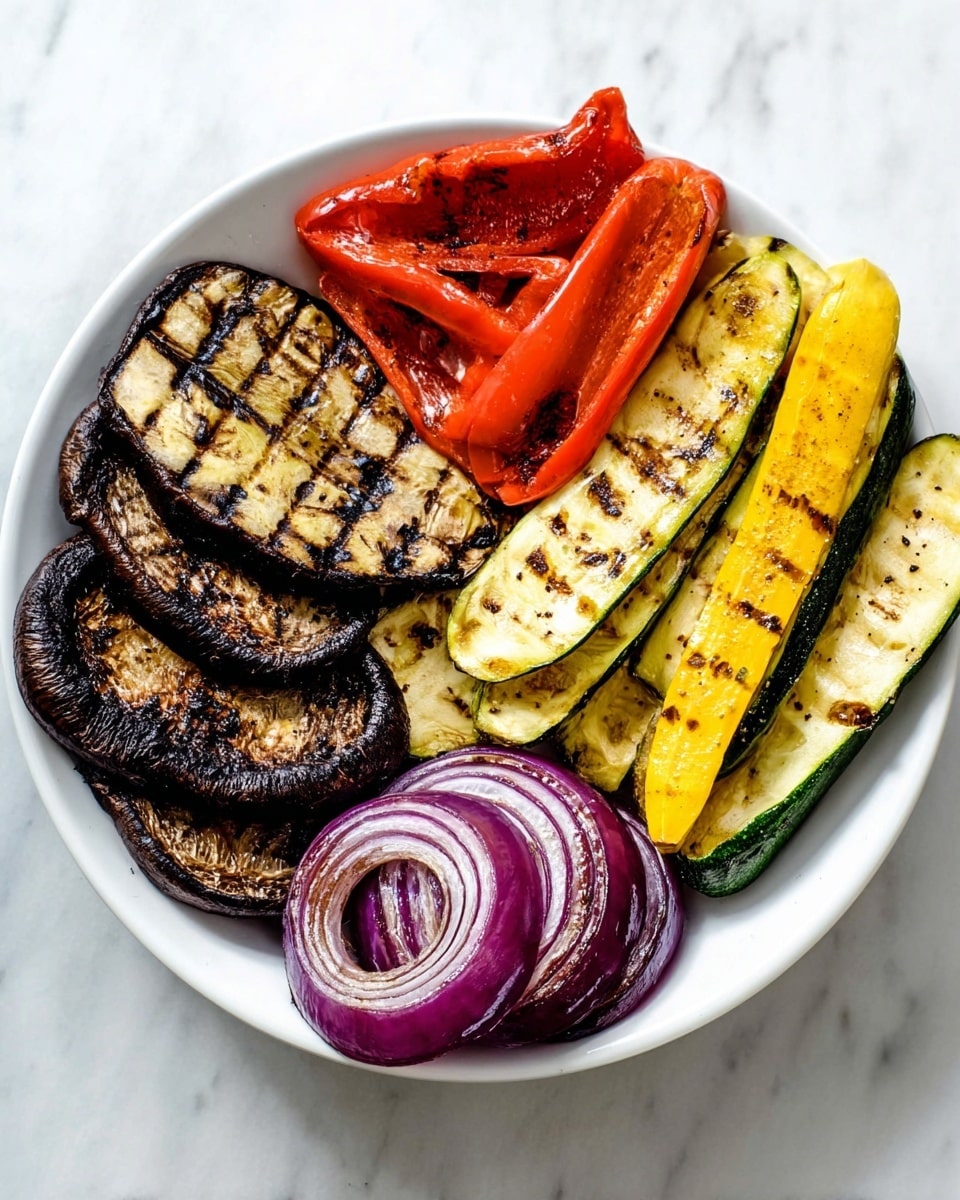 A white bowl on a white marbled surface holds an arrangement of grilled vegetables. There are two large dark brown grilled mushrooms on the bottom left. Next to them, overlapping slightly, are four oval slices of grilled eggplant with dark charred stripes and light tan flesh. Above the eggplant, bright red grilled pepper halves with black grill marks sit on the left side. On the top right, three long slices of grilled yellow squash and zucchini with light green and yellow colors and dark grill lines are laid side by side. In the center and bottom right, several rings and slices of grilled red onion with purple edges and slightly blackened grill marks form a loose cluster. The colors are vivid with light charring showing the grilled texture. photo taken with an iphone --ar 4:5 --v 7