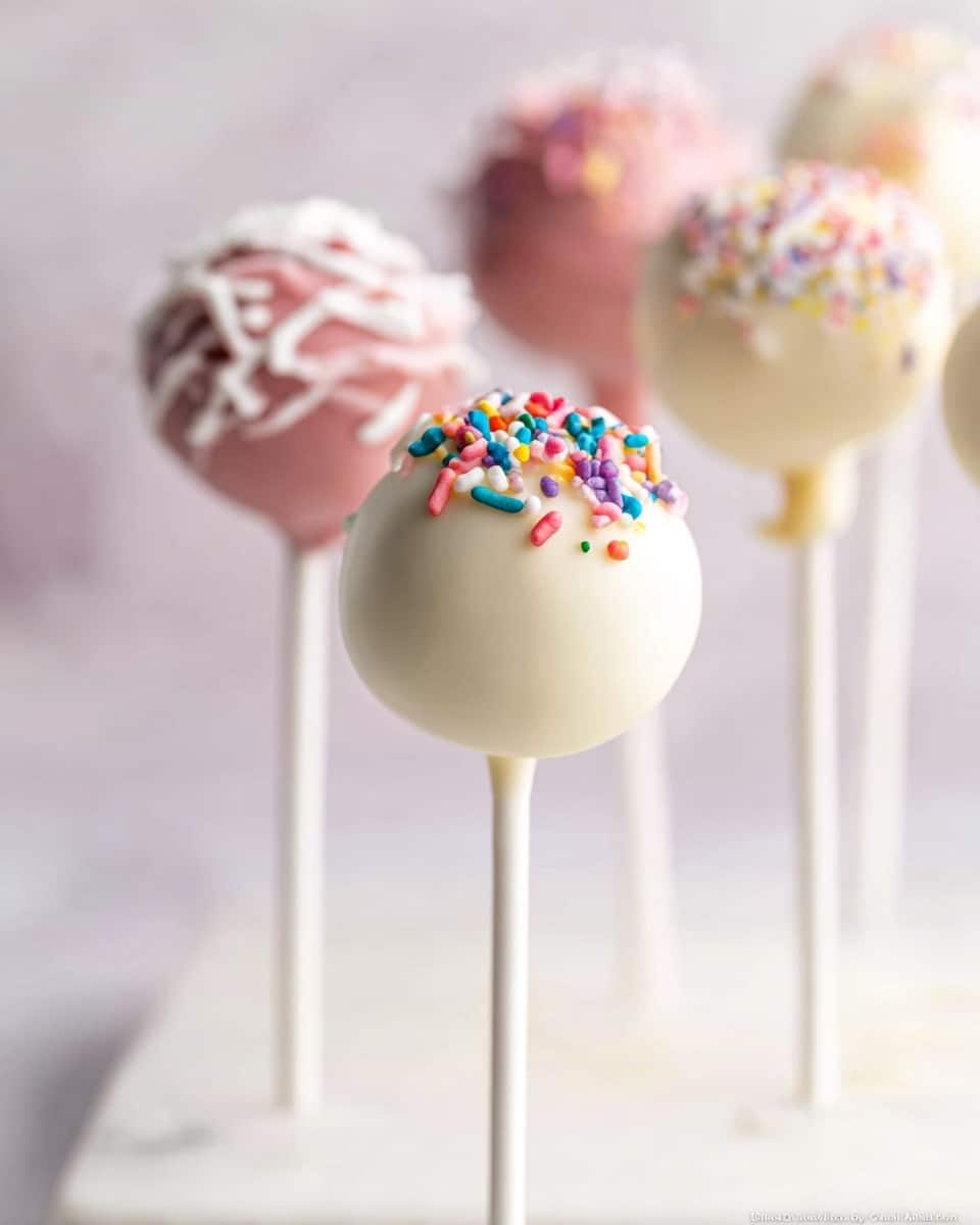 There are several round cake pops on white sticks shown close up, with one in the foreground coated in smooth white chocolate and decorated with colorful sprinkles on top. Behind it, there is a blurred pink cake pop with white sprinkles and more cake pops faded in the soft white background. The cake pops have a glossy texture and are positioned vertically above a white cardboard edge, all set on a white marbled texture. photo taken with an iphone --ar 4:5 --v 7