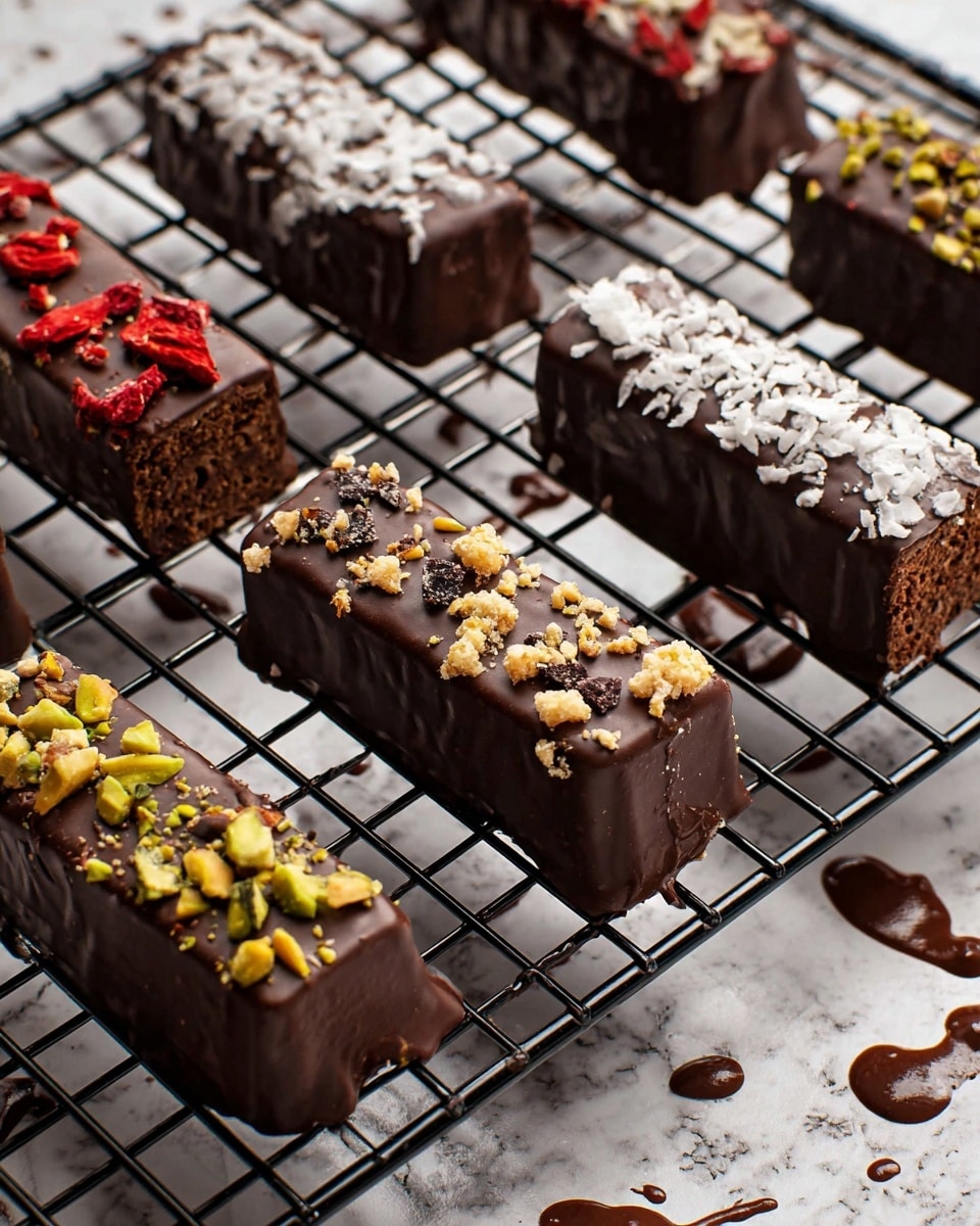 The image shows several rectangular chocolate bars, each fully covered in a smooth, shiny dark chocolate layer. The bars rest on a black cooling rack over a white marbled textured surface. Each bar is topped with a different topping: white coconut flakes, red dried fruit pieces, small beige puffed grains, crushed green pistachios, and small dark brown cocoa nibs. The chocolate coating drips slightly down the sides, creating a rich, glossy texture. The bars are neatly lined up in rows with some scattered drops of dark chocolate on the rack and surface around them. photo taken with an iphone --ar 4:5 --v 7