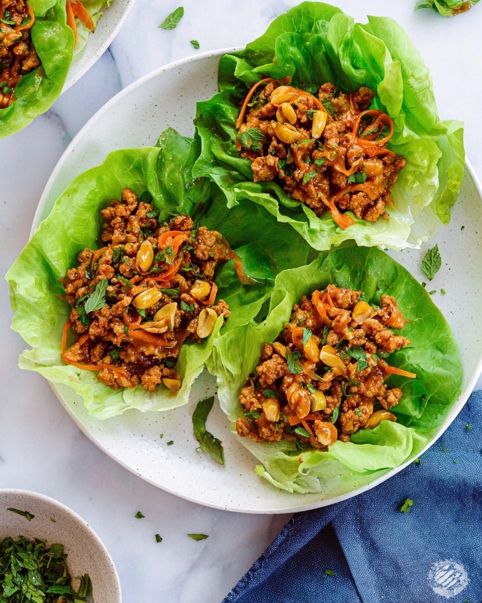 Three green lettuce leaves are placed on a white plate, each leaf holding a colorful filling made of small pieces of cooked meat mixed with orange carrot strips, chopped green herbs, and small yellow nuts or seeds. The filling looks moist with a slightly glossy brown sauce. The lettuce leaves are fresh and crinkled, creating cups for the filling. Around the plate, there are small bits of herbs scattered and a blue cloth is partially visible at the bottom right corner. The background surface is white marble. photo taken with an iphone --ar 4:5 --v 7