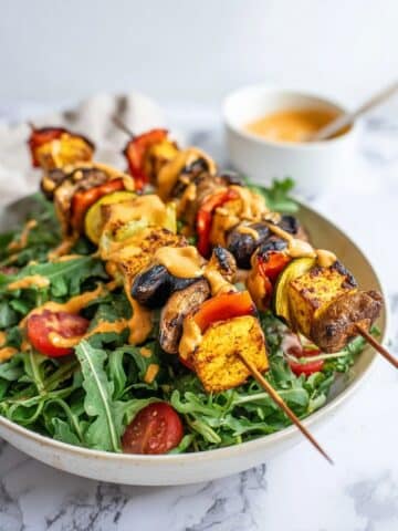 Grilled Veggie Kabobs with Harissa Yogurt Recipe